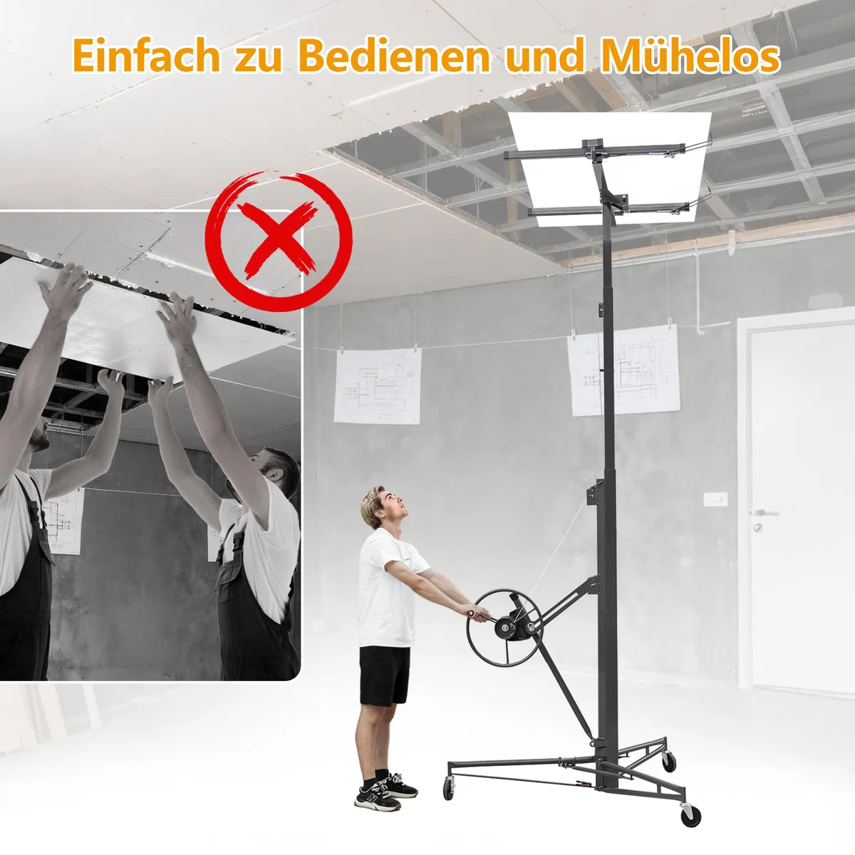 Plattenheber Trockenbau, Plattenlift Bis Max. 68 kg, Höhe 180-470 cm, 60-Grad-Neigung, mit 3 Bremsrädern, Hebevorrichtung Lastenheber für Decken und Wände, Grau, HD26041502