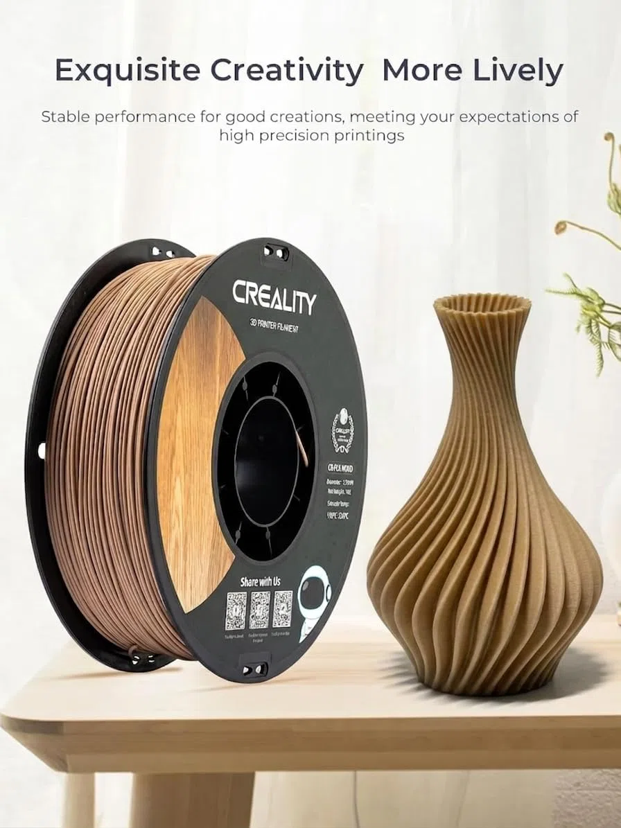 Creality Holzfilament 1,75mm, CR PLA mit natürlicher Holztextur - 1kg Spule, matte Oberfläche - Maßgenau ±0,02mm