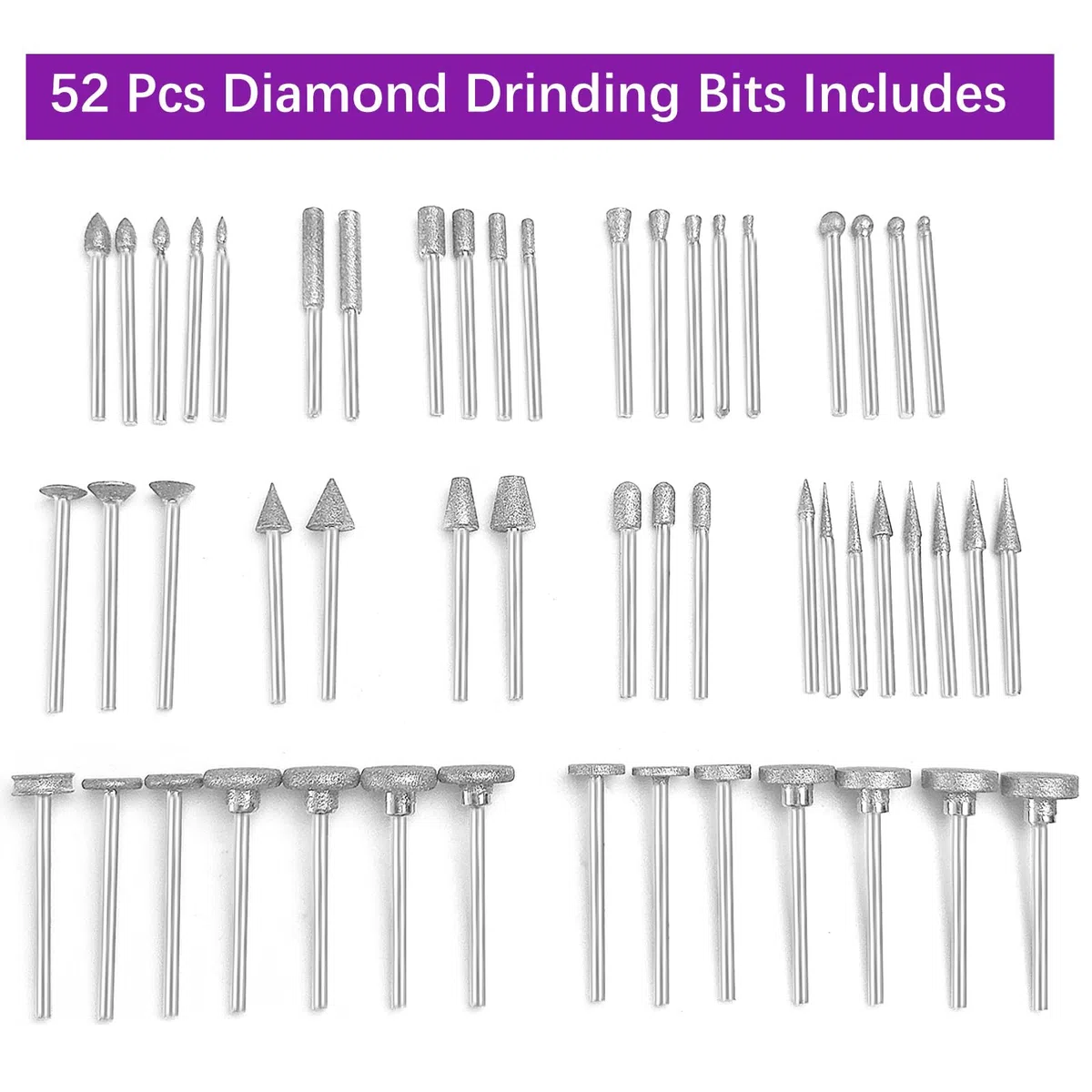 52 Stück Diamant Fräser Set,Diamant Fräser,Kompatibel mit Dremel Schleifaufsätze Rotary Tool Zubehör mit 1/8"(3mm) Schaft Passform für Stein Glas Keramik Schnitzen,Schleifen,Polieren,Gravieren,Bohren