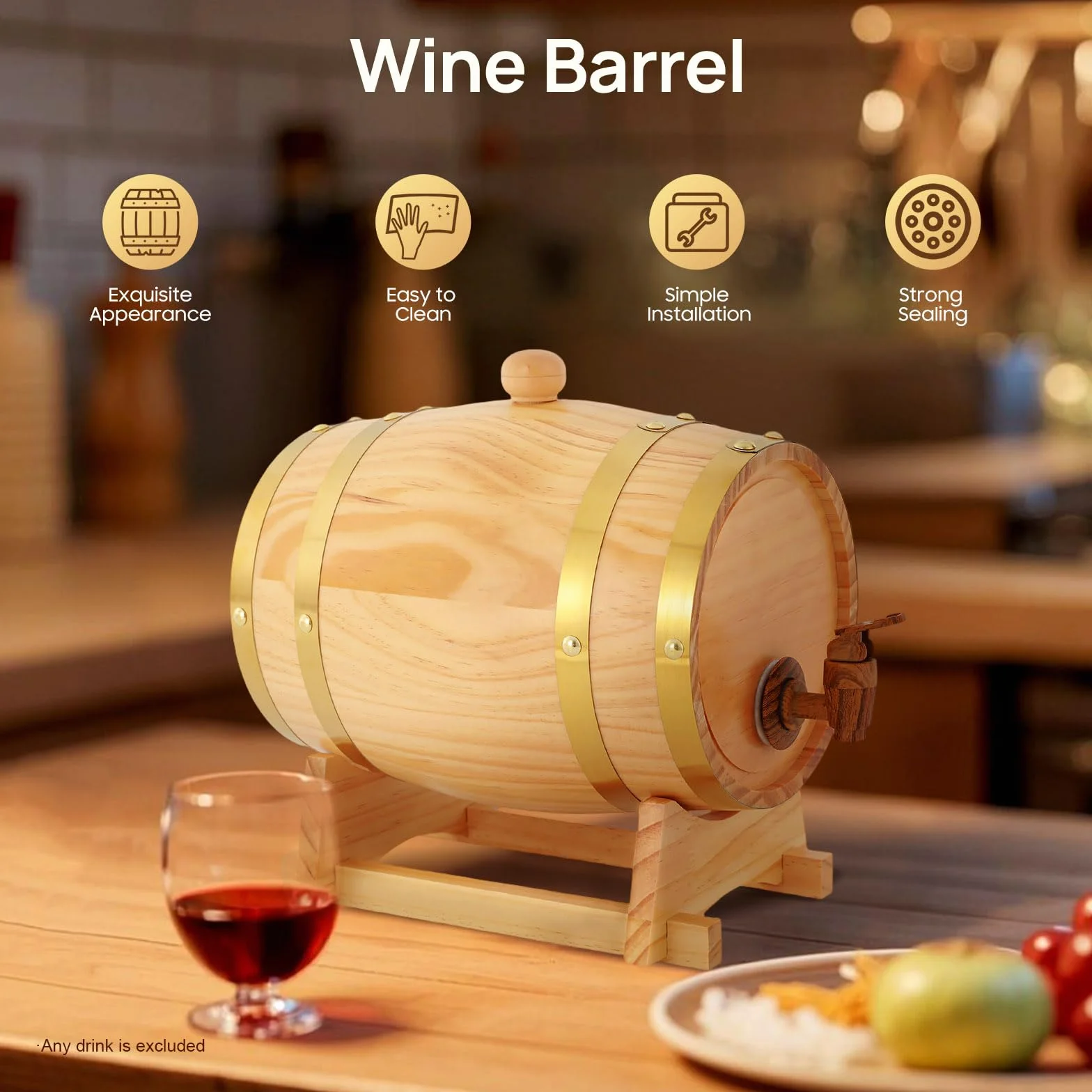 3L Weinfass Holzfass, Original Holz Weinfass für Wein und Whiskey mit Ständer und Zapfhahn Ellipse Weinfass Aufbewahrung für Wohnungen, Bar, Hotels 16 x 23.5cm
