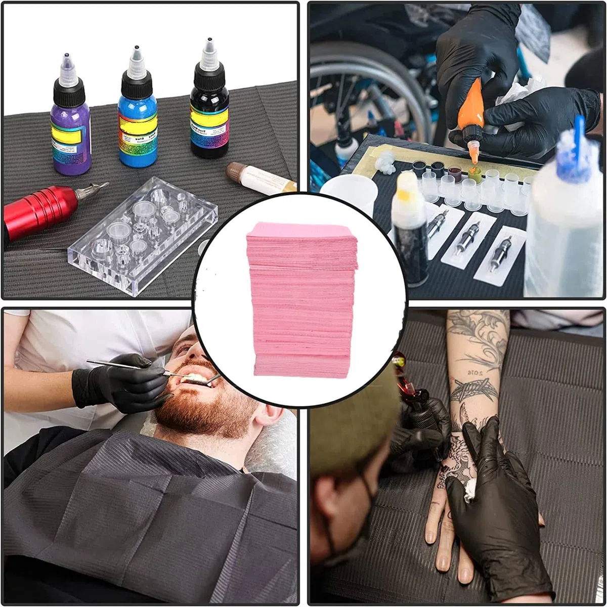 Tattoo Lätzchen, 125 Stück Einweg Dentallätzchen Wasserdichte Tattoo Abdeckung Piercing Tischmatte Nagelpapiertücher Acryl Maniküre Tücher Tischdecke Versorgungsblätte Tischdecke Clean Pad Dental Rosa
