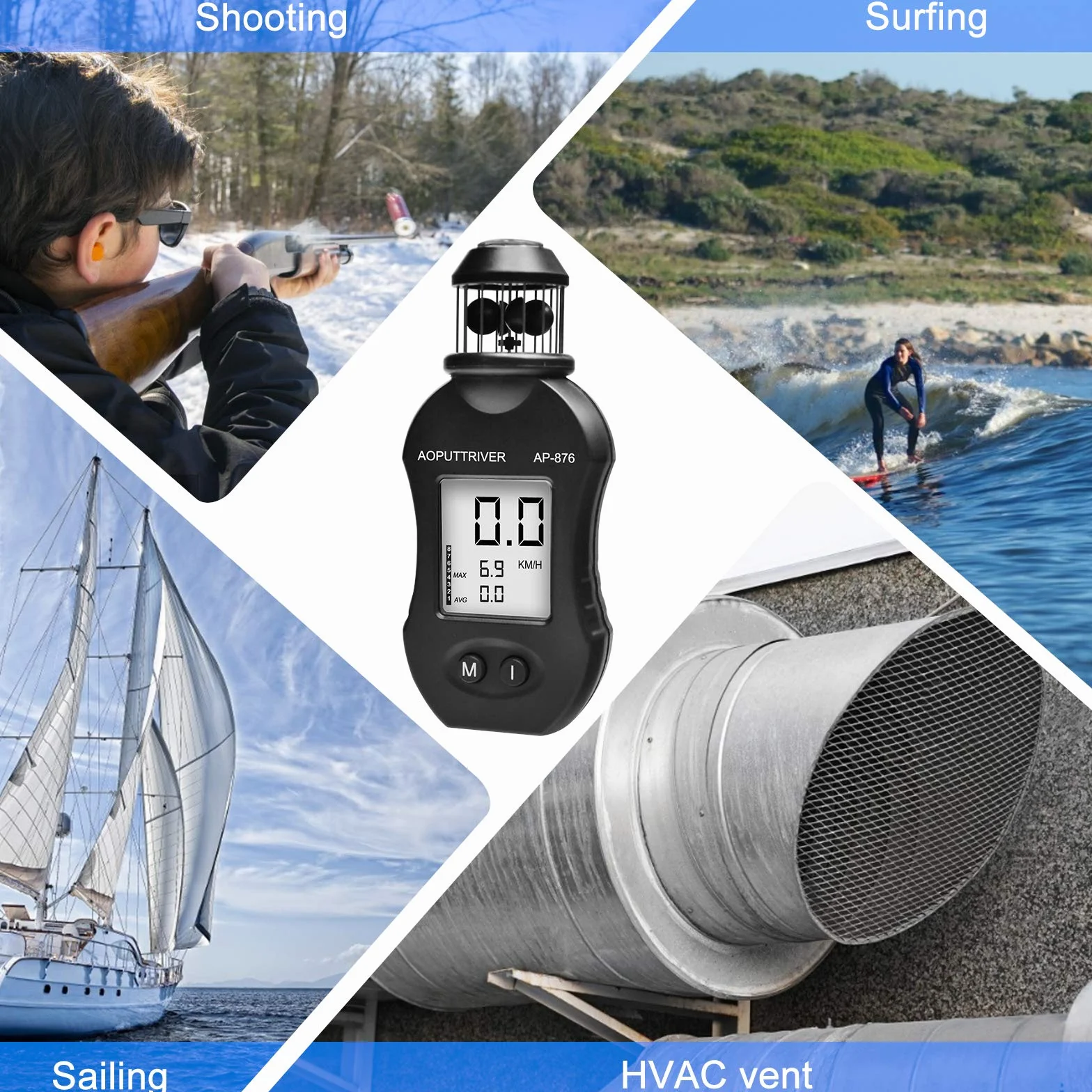 Windmesser Handheld AP-876 Windmessgerät Windgeschwindigkeitsmesser Messung der Luftgeschwindigkeit Luftvolumen für HLK, Bootssegeln, Schießen Kommt mit Stativgewinde + Batterie + Kompass