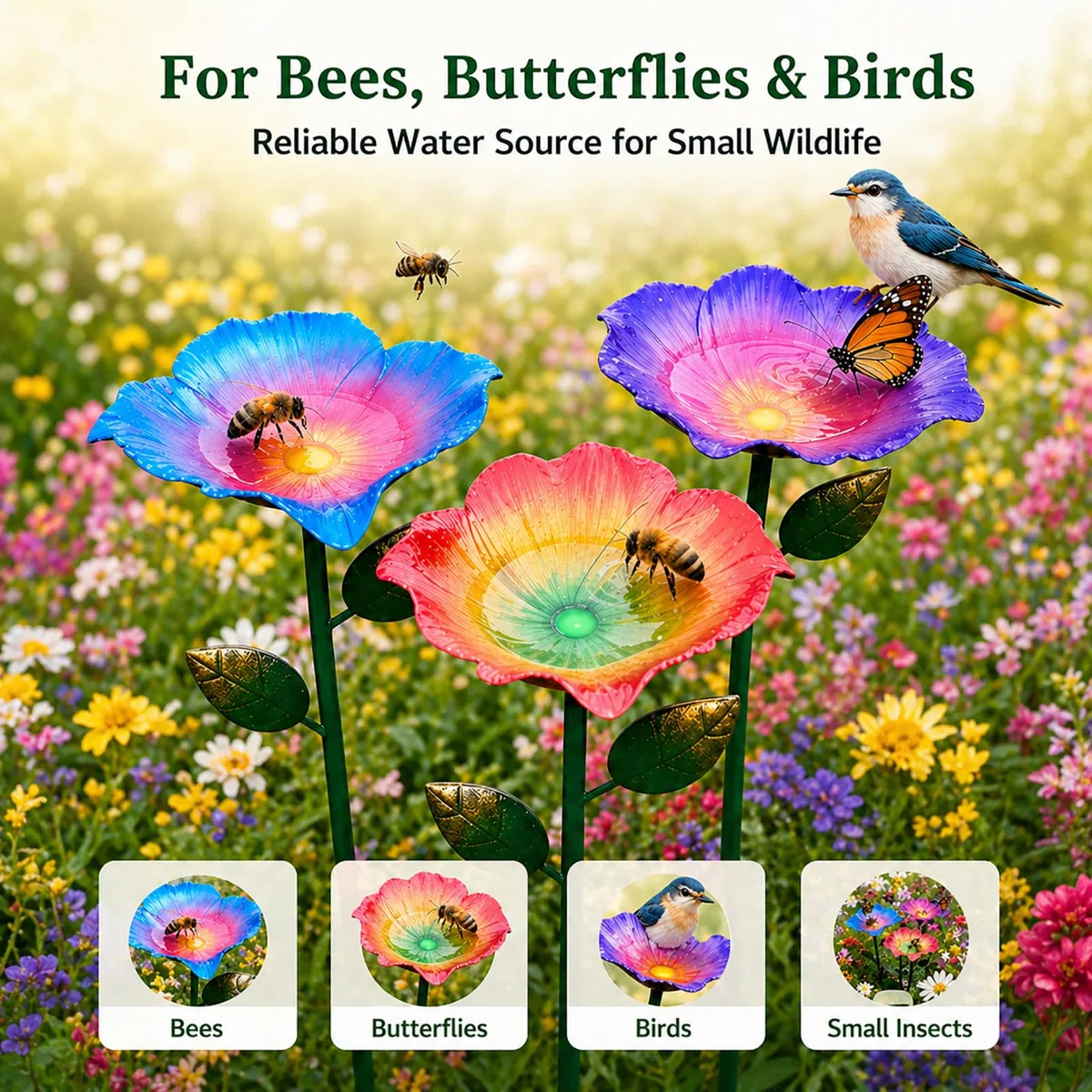 Bienen Tränke Garten, 15cm Große Bienentränke Metall Blume mit Erdspieß, Vogeltränke & Insektentränke, Bienen Wasserstation & Mini Vogelbad für Garten Balkon, Gartendeko & Garden Gift (3 Stück)