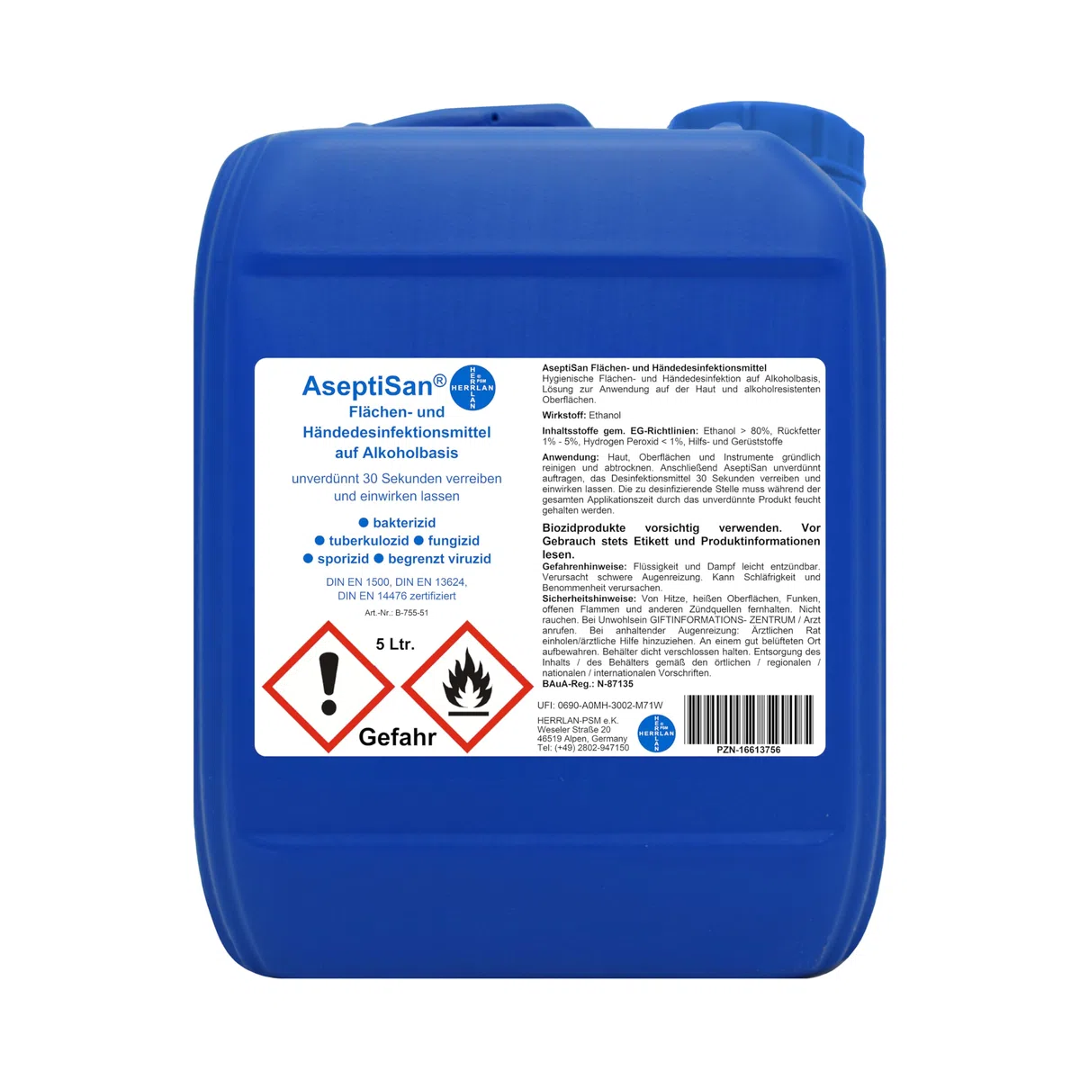 AseptiSan - 5 Ltr. Kanister Flächen- und Händedesinfektionsmittel Pharmazentralnummer-16613756 HERRLAN Qualität Made in Germany