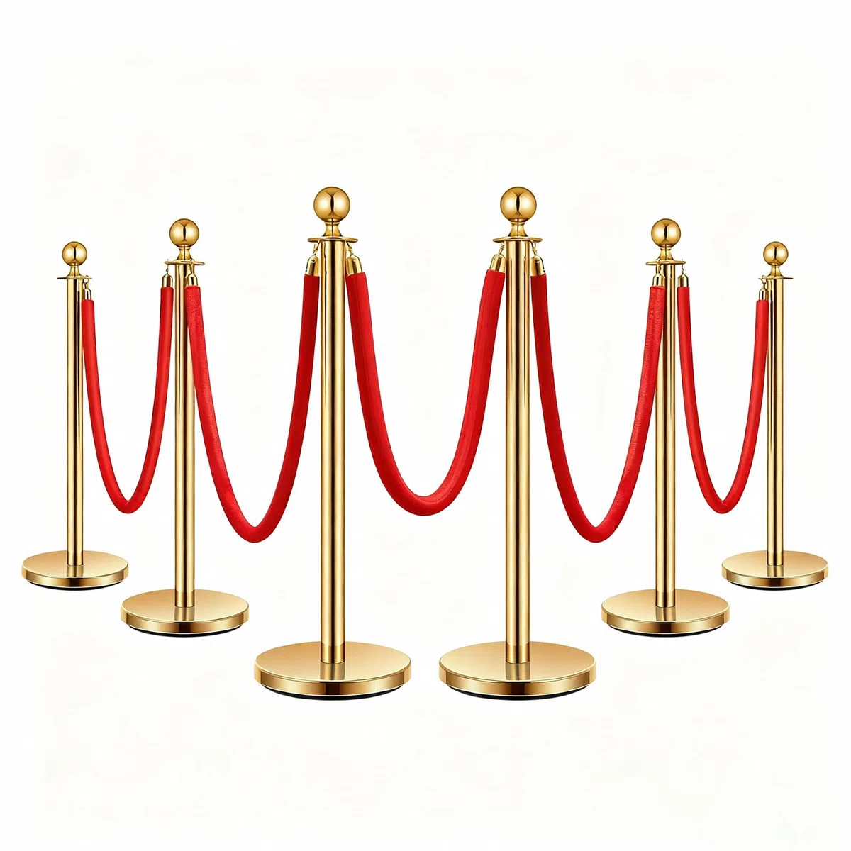 Modulare Barriere Premium Absperrstab mit Seil - Gold Robuster Crowd Control Bandstab für Warteschlangen, Events & Ladenmanagement, Set mit 5 ft/1.5 m rotem Samt Seil (6)