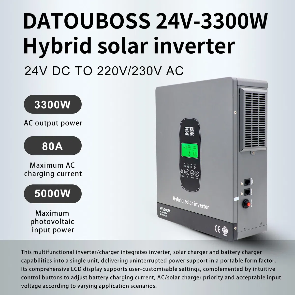 DATOUBOSS 3300W 24V Hybrid Wechselrichter Reiner Sinus, 120A MPPT 5000W PV, 24V auf 230V, Off-Grid Solar Inverter, BMS kompatibel, für Blei- & Lithium-Batterien