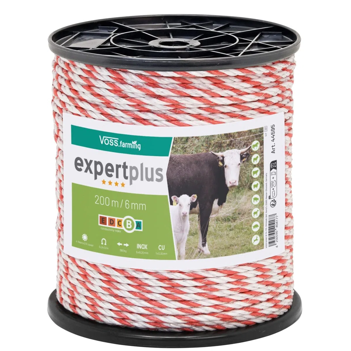 VOSS.farming Weidezaun Seil 200 m 6 mm, 1 x 0,3 Kupfer + 5 x 0,2 NIRO, weiß-rot Elektroseil Pferd Pony Rind