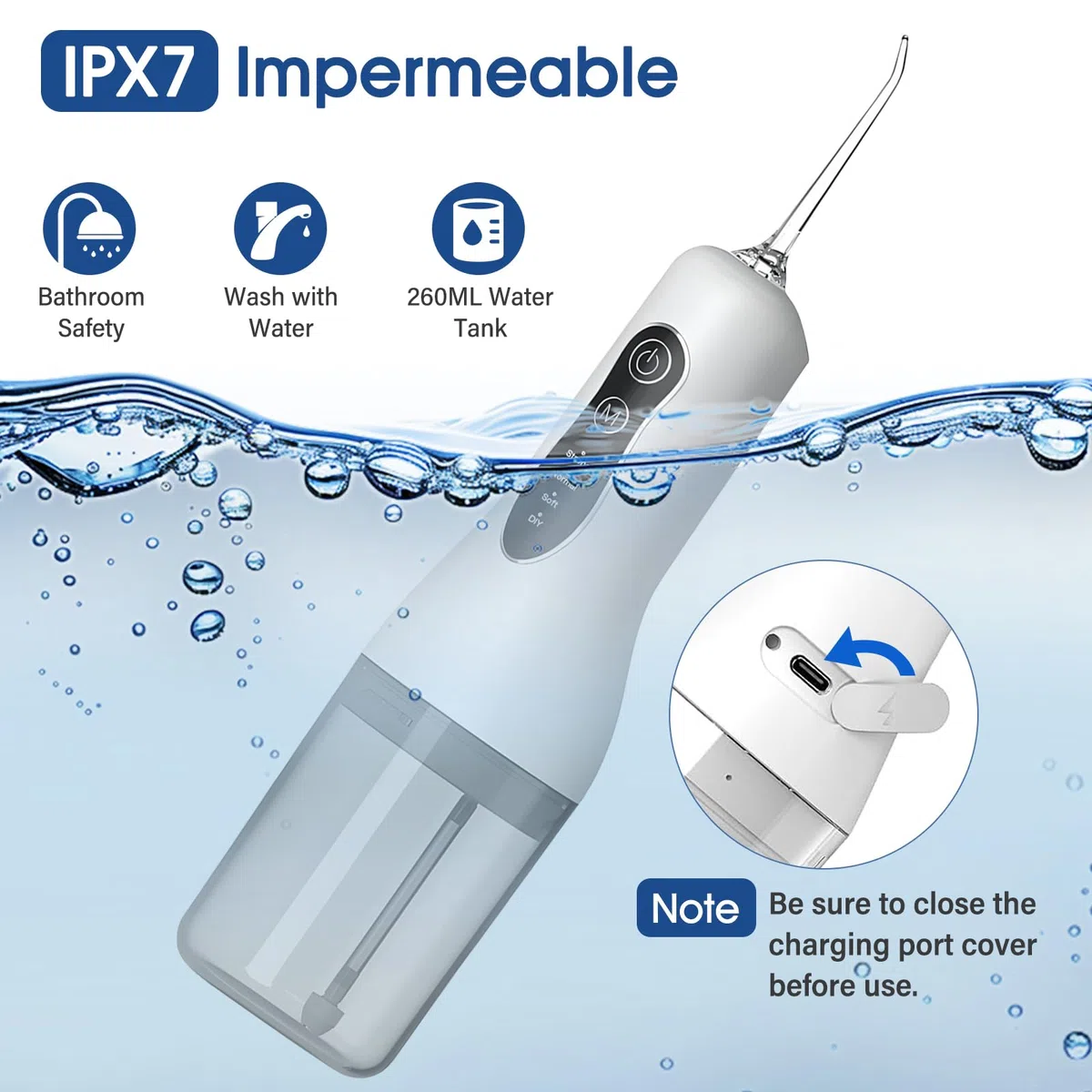 Munddusche Kabellos Elektrischer, Professional Water Flosser, 4 Modi & 4 Düsen, IPX7 Wasserdicht, 1300mAh USB-C Wiederaufladbare Wasser Flosser, 260ML Zahnzwischenraumreiniger Elektrisch