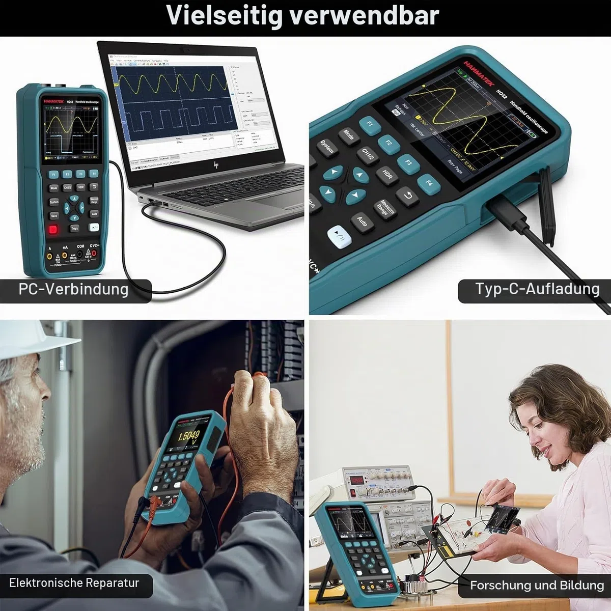 Digitales Oszilloskop,HANMATEK Handheld-Digitaloszilloskop HO52 50Mhz Bandbreite, 2 Kanal 2 in 1 Oszilloskop und Multimeter Mini-Oszilloskop