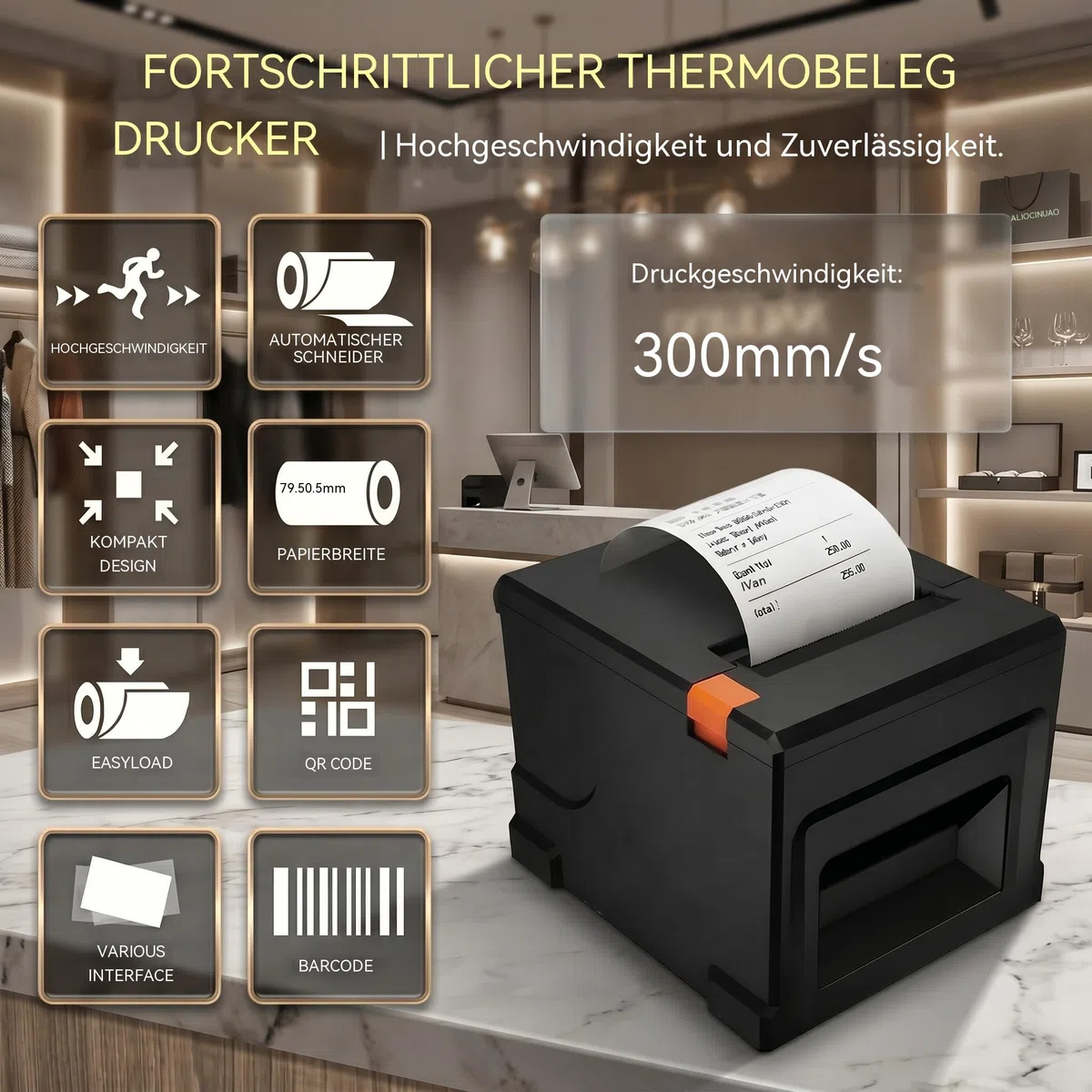 Thermodrucker 80mm Mobiler Einsatz, USB & Bluetooth, 300mm/s, Nur für Windows/Mac, Inkl. 5 Rollen + 58mm Adapter