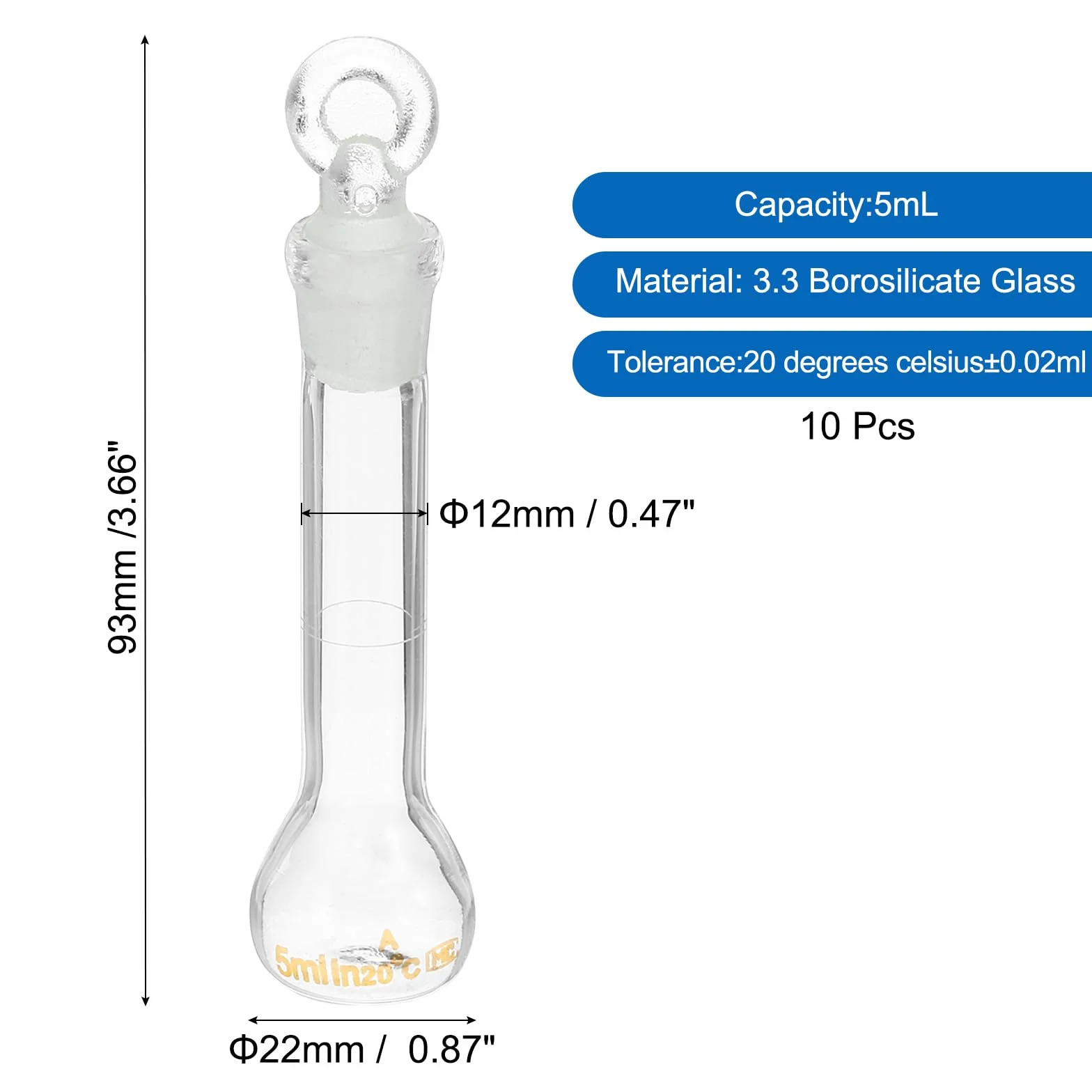 PATIKIL 5 ml Messkolben, 10 Stück 3.3 Borosilikatglas Graduierte Messkolben mit Glasstopfen Toleranz 0.22 ml für Laborexperimente, klar