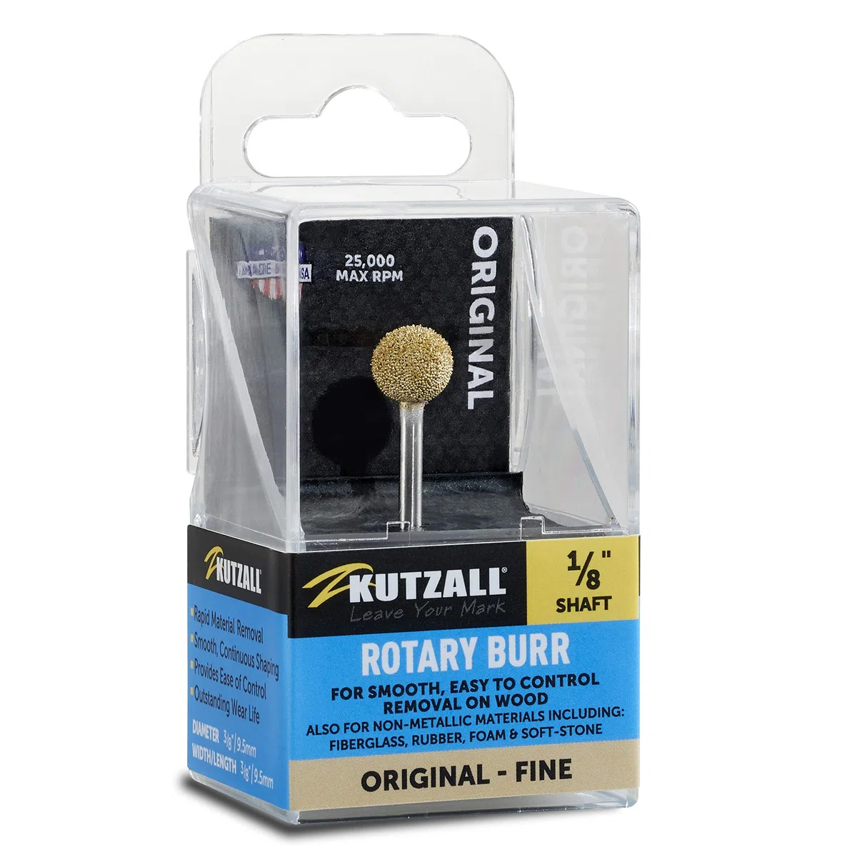 Kutzall Original Sphere Rotationsfräser, 1⁄8" Schaft, Fein - Holzbearbeitungsaufsatz für Dremel, Foredom, Milwaukee Werkzeuge. Abrasive Wolframkarbid-Beschichtung, 3⁄8" (9,5mm) Kopfdurchmesser S-38-EG