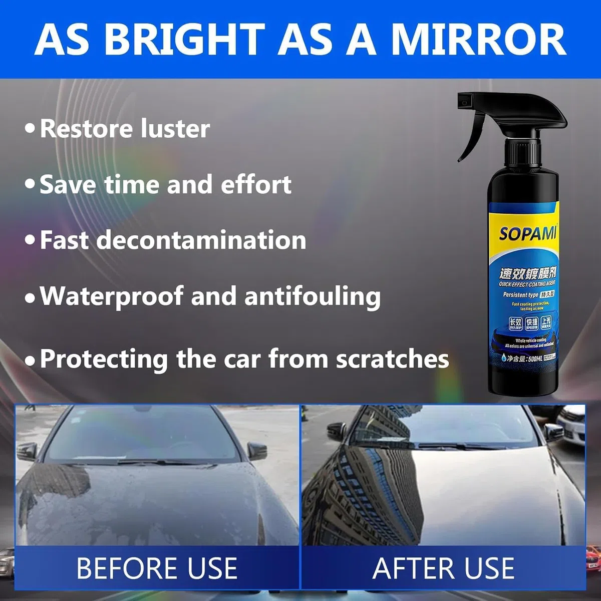 Sopami Car Coating Spray,Quick Effect Coating Agent,Polish Spray Waterless Wash Wax,Sopami Oil Film Emulsion Glass Cleaner (1Pcs)