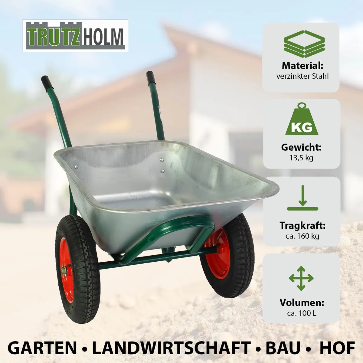 TRUTZHOLM Schubkarre 100 Liter 160 kg Tragkraft verzinkte Stahlwanne leichtlaufende Lufträder auf Stahlfelge Bauschubkarre Gartenschubkarre Schiebkarre 2 Rad Karre Wheelbarrow Silber