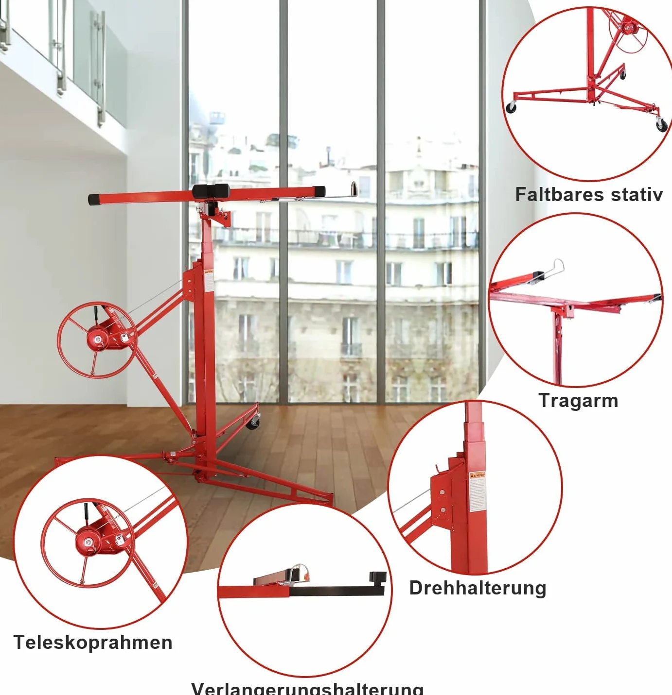 Plattenheber klappbar XXL 140-350cm Arbeitshöhe höhenverstellbar für Rigipsplatten 68 kg Traglast, max 290cm Lastarmbreite