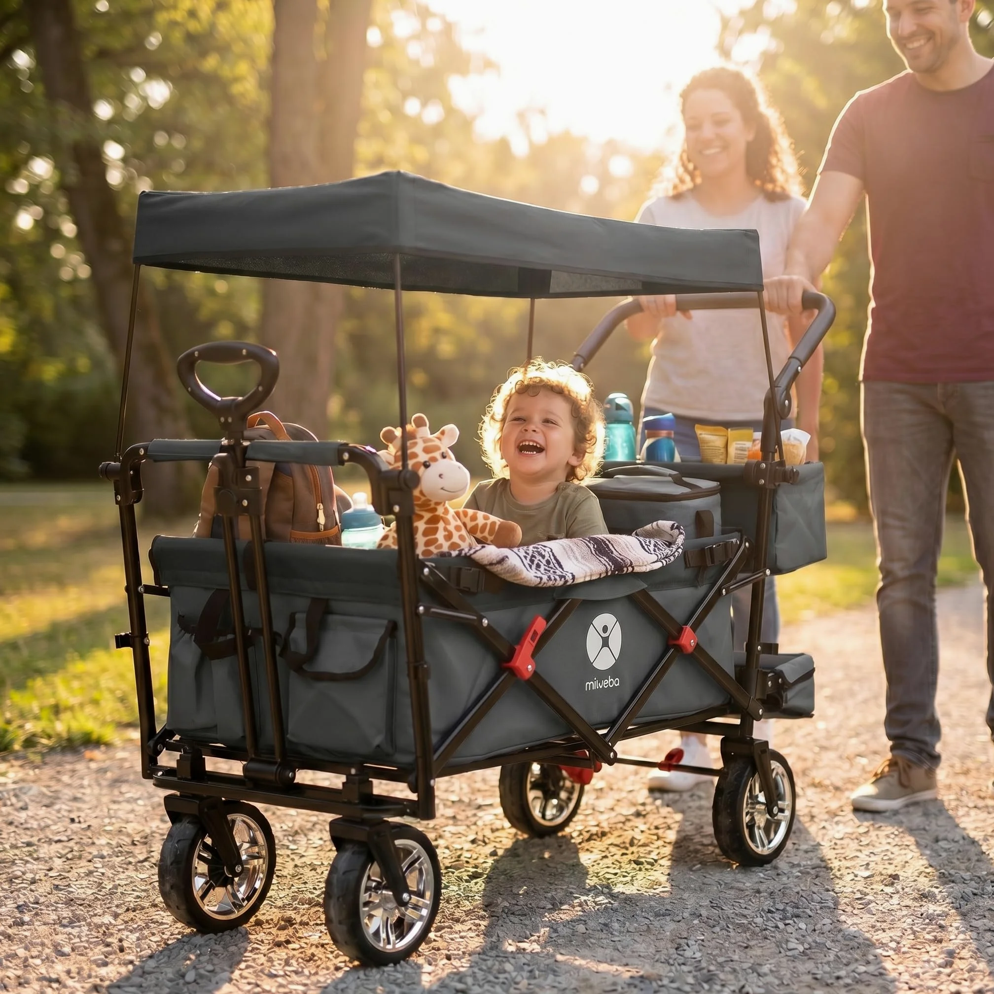 Miweba Faltbarer Bollerwagen MB-20 | Sonnendach UV-beständig - 2X Anschnallgurte - Transportwagen für Kinder - Traglast 100 Kg - Wagen - Feststellbremse - Hartgummireifen (Grau)