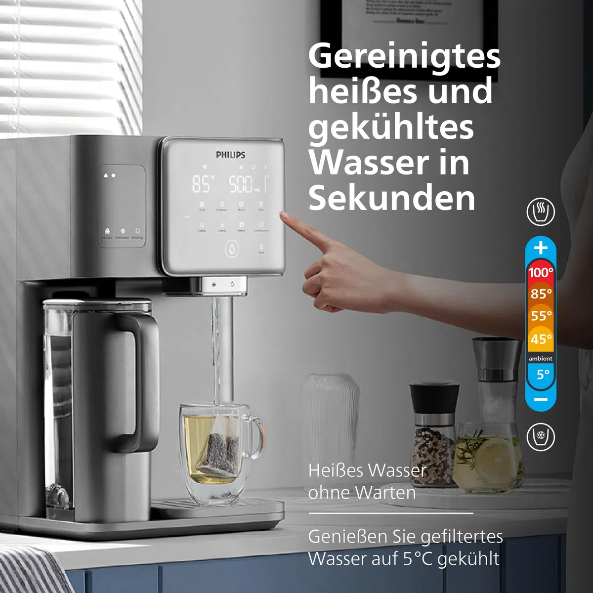 Philips Water 9000 Umkehrosmose-Wasserspender: heißes & gekühltes Wasser in Sekunden, Eiswürfelfunktion, 6-in-1-RO-Filter mit Mineralien, >110 Schadstoffe reduziert, 3:1 Rein-/Abwasser, UV-C, 2000 L
