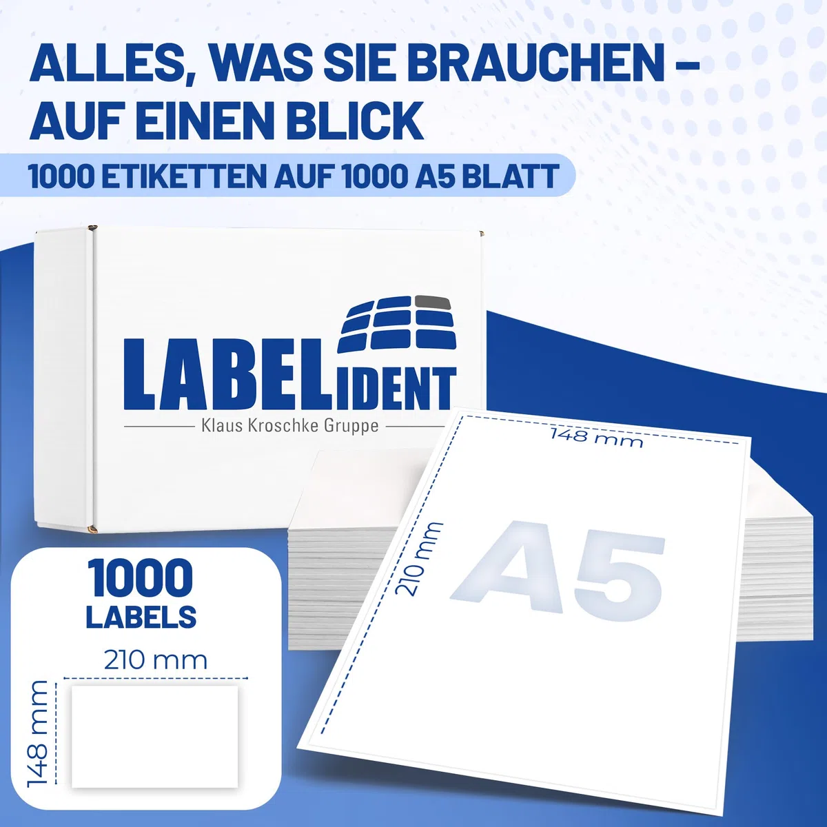 Labelident Versandetiketten auf DIN A5 Bogen, weiß - 210 x 148 mm - 1.000 Papier Etiketten auf 1.000 Blatt, selbstklebende Versandlabels A5 für DHL, DPD, Fedex, GLS, Hermes, UPS