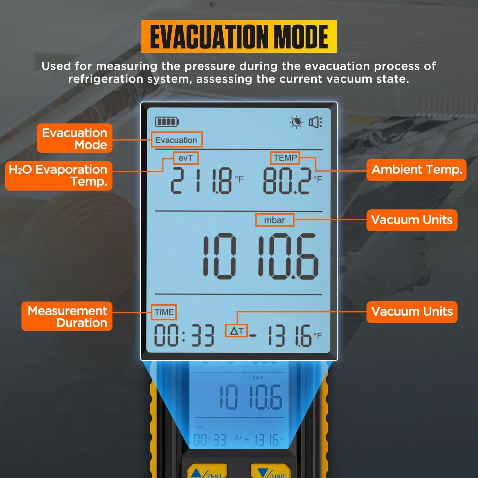 LM100 Intelligentes digitales Vakuummeter, HVAC 0 bis 2000 mbar, Auflösung 0,1 mbar, ±0,2% Genauigkeit, Vakuummeter, Temperaturkompensation, HVAC-Messgeräte mit 4 Einheiten (Torr, inHg, mbar, Hpa)