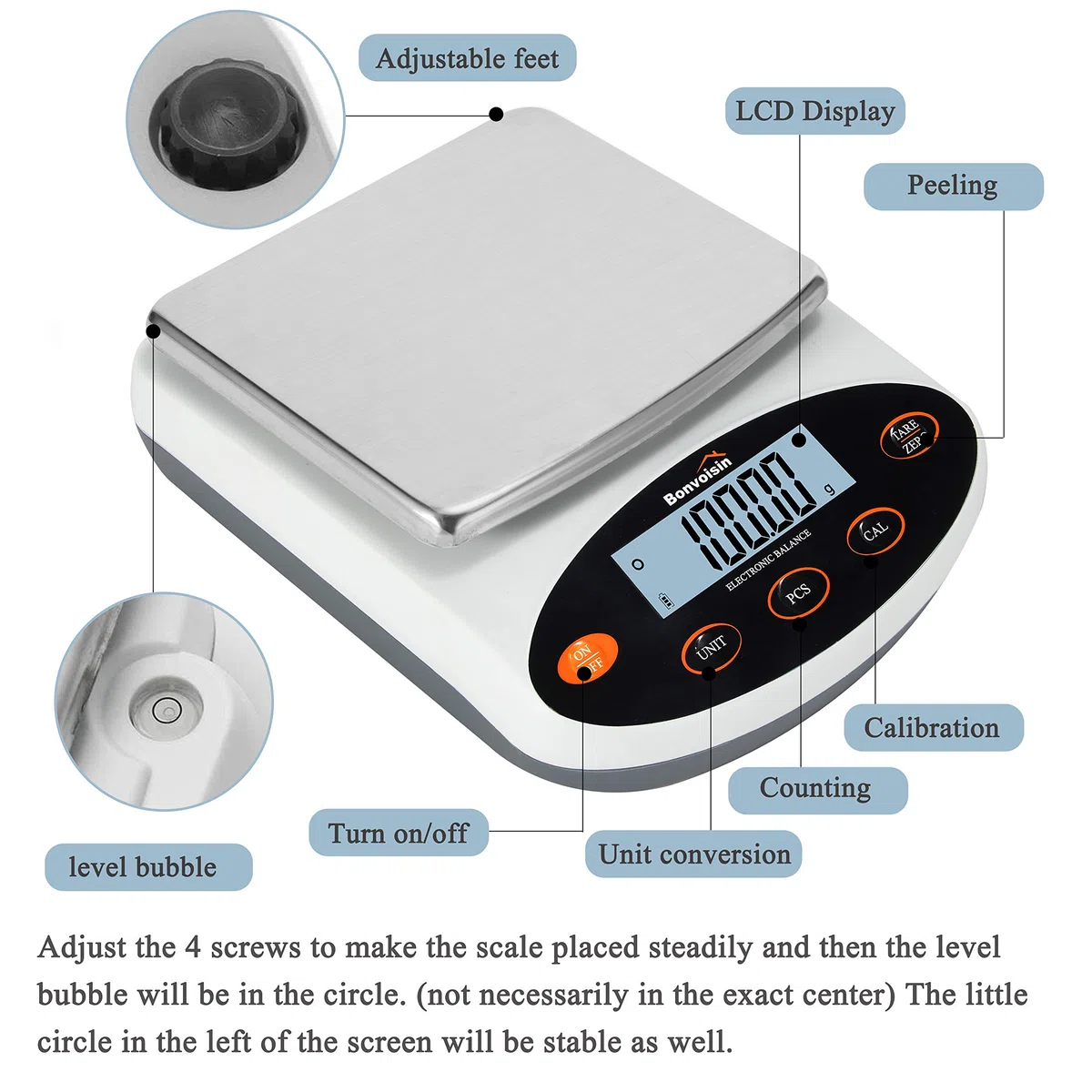 Bonvoisin Präzisionswaage, 0,01 g, 200–5000 g, analytisches Labor, elektronische Waage, wissenschaftliche Waage, 10 mg Lesbarkeit, kalibriert und direkt ablesbar (1000 g, 0,01 g)