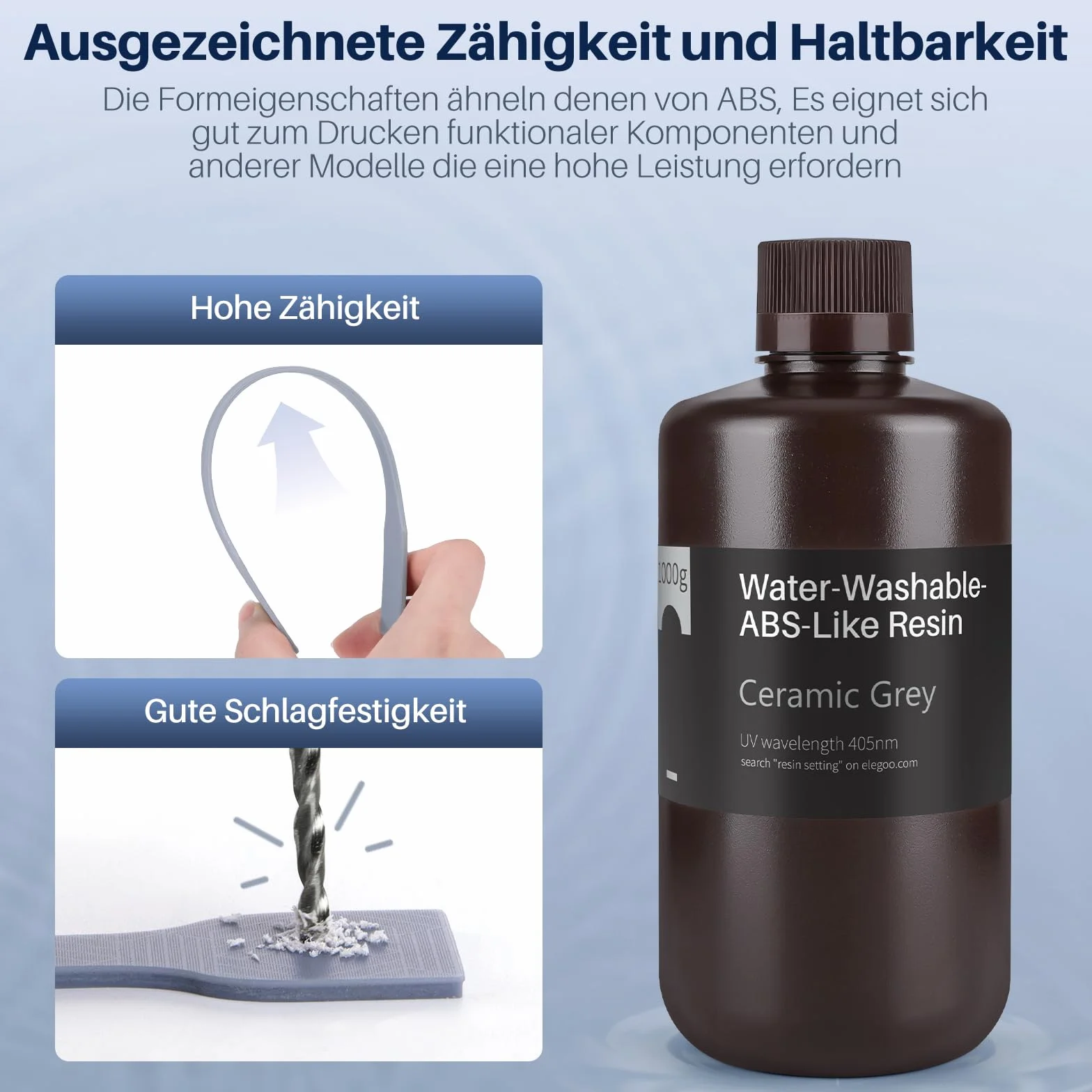 ELEGOO 405nm Wasser Waschbares ABS Like Resin, Water Washable 3D Drucker Rapid Harz für LCD/DLP UV Härtung Photopolymer 3D Drucker, 1000g Grau