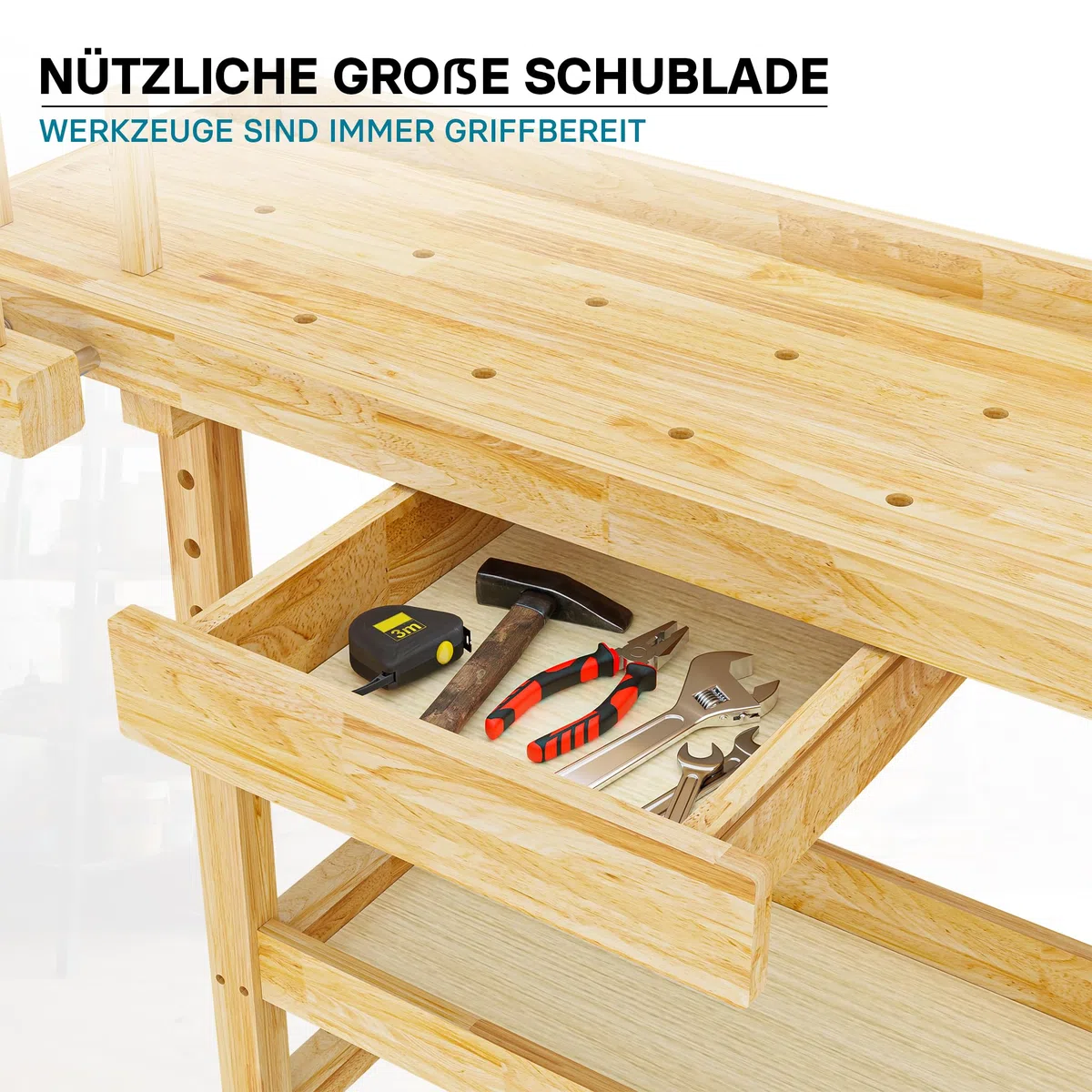Wiltec Werkbank 151 x 61,5 x 86 cm aus Holz, Werktisch aus Rubberwood, Hobelbank bis 150 kg belastbar, Werkzeugbank mit Schublade und Spannzangen