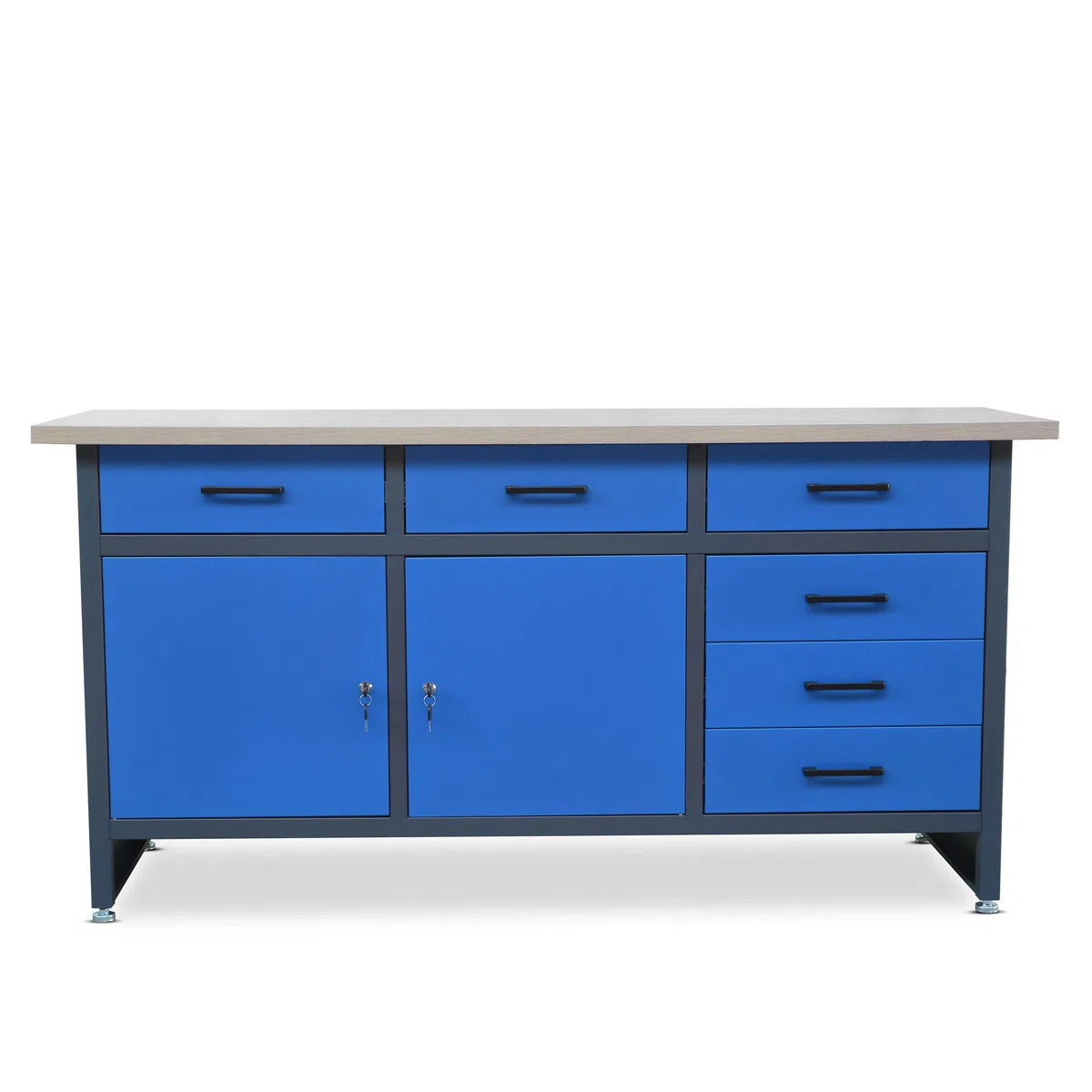 Jan Nowak Werkbank mit Arbeitsplatte Werktisch mit 6 Schubladen 2 Schließfächer Verstellbare Füße MDF-Arbeitsplatte Belastbar bis 500 kg Metall 170 cm x 60 cm x 85 cm Anthrazit-Blau