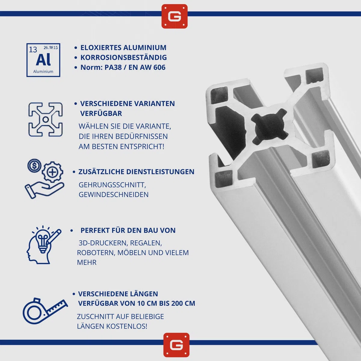 Aluprofil 30x30 mm | Nut 8 | Länge 10–250 cm wählbar | Eloxiertes und Wetterfestes Alu Profil | Konstruktionsprofil Bosch Item Kompatibel | Systemprofil für Industrie, 3D-Drucker, DIY