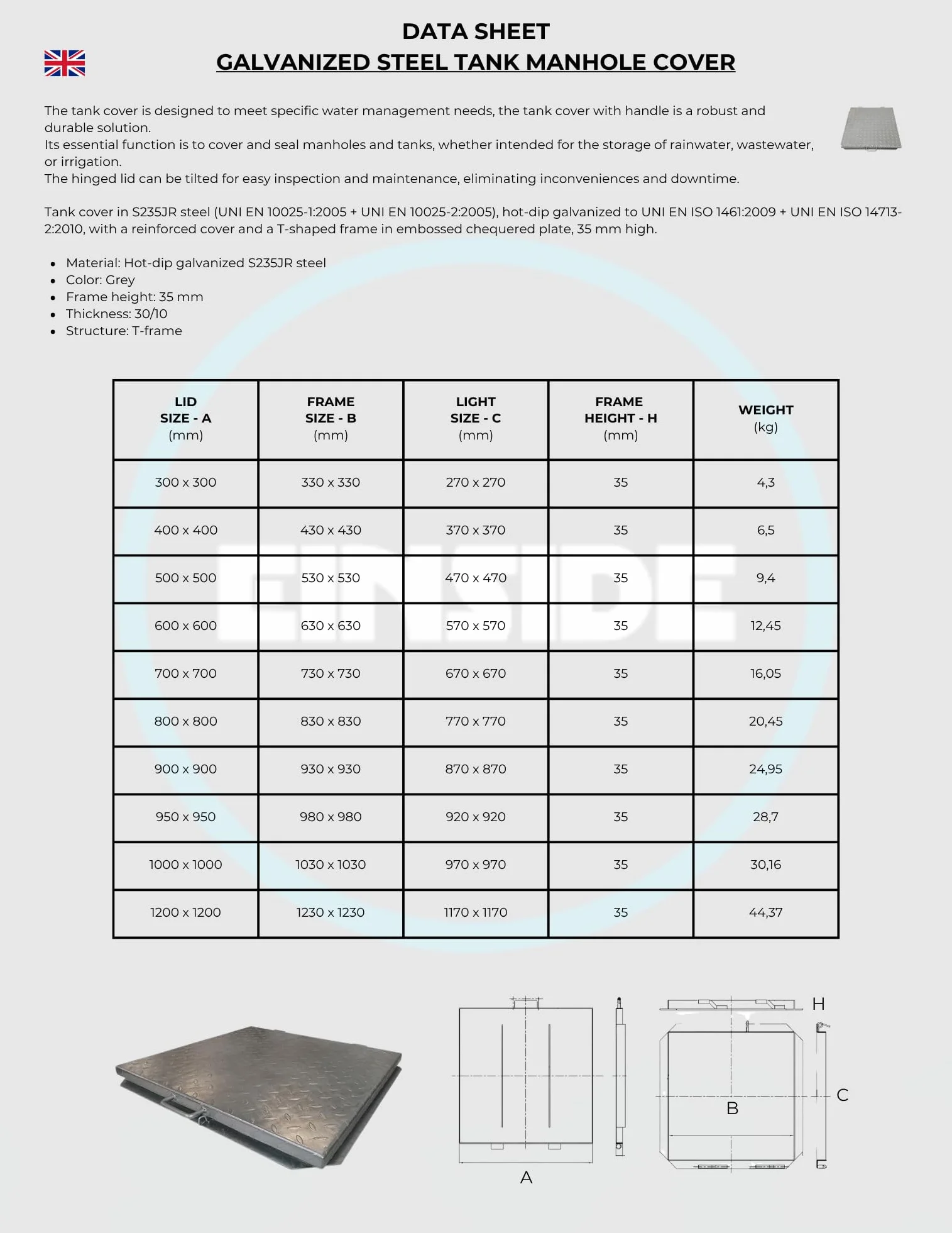 EINSIDE Deckel Tank, Schachtdeckel für Tank verzinkt, Schachtabdeckung 100 x 100 cm