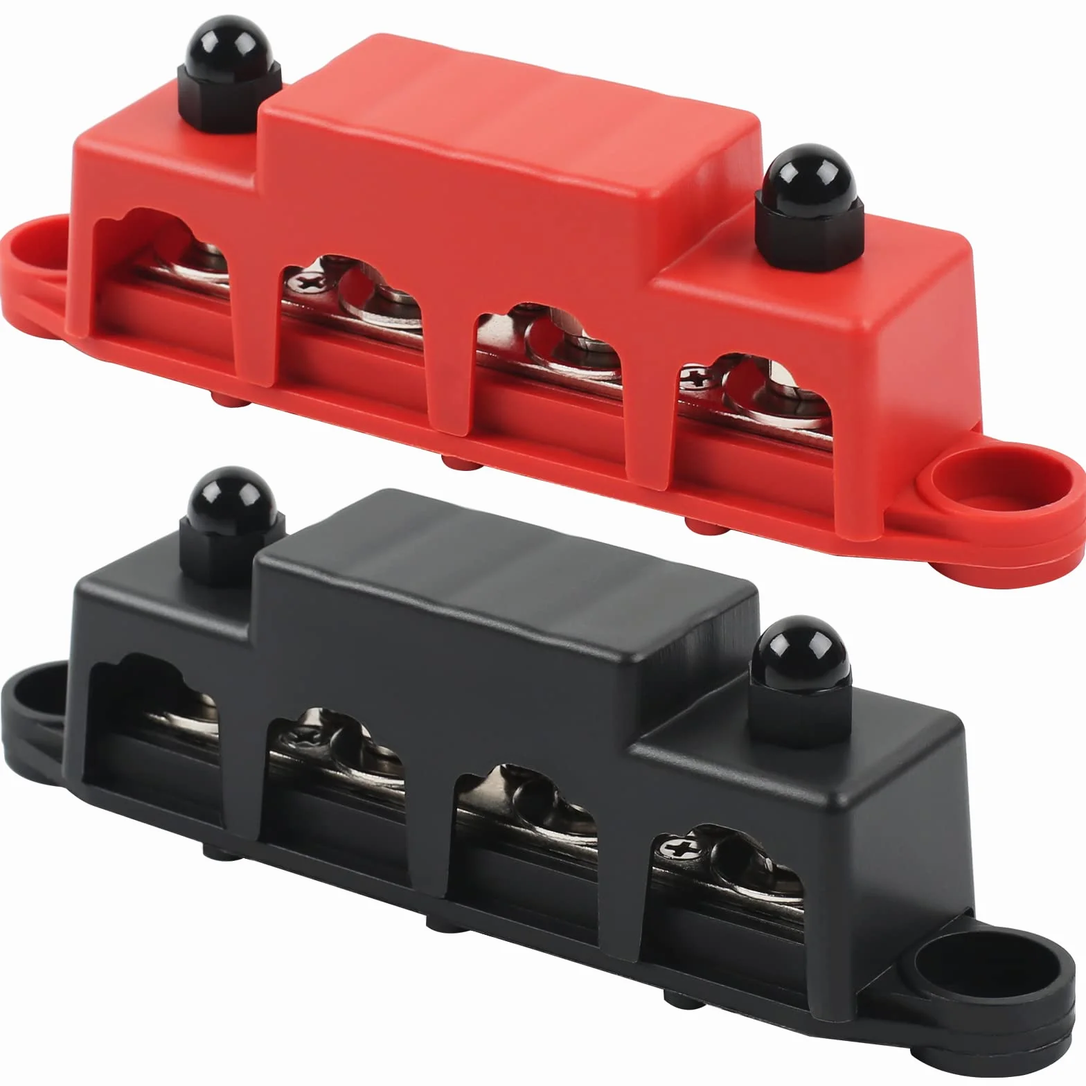 12V-48V DC Sammelschienen Verteilerblock 250A BusBar Box mit 4 x M10 Klemmenbolzen Hochleistungsmodul, Stromverteilungsblock Erdungsstrom für Auto RV Boat Yacht (Rot Schwarz, 2PCS)