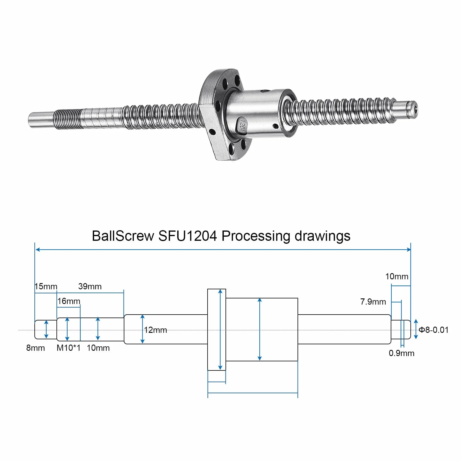 QUARKZMAN BallScrew SFU1204 (Durchmesser 12mm, Steigung 4mm, Länge 200mm) mit Kugelgewindemutter Anti-Backlash Kugelgewindespindel-Kit Standard-Endbearbeitung für BK/BF12 CNC-Maschinenteile