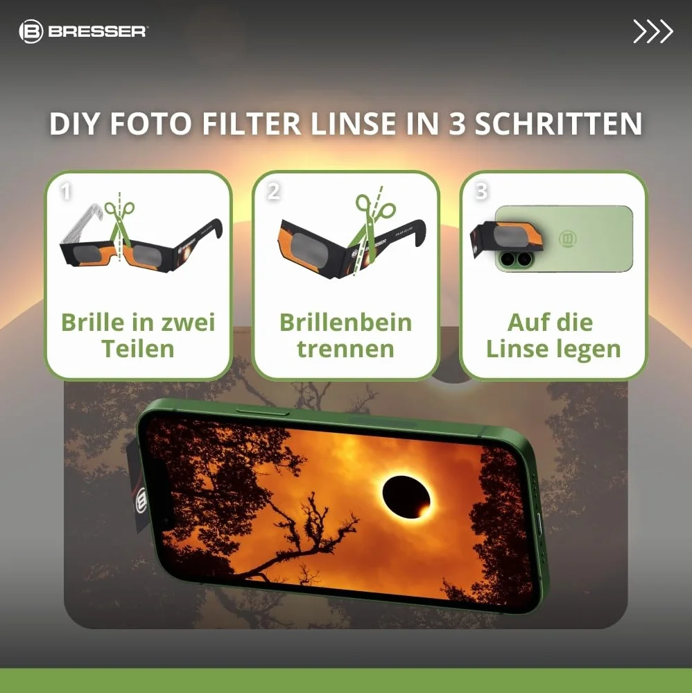 Bresser Sonnenfinsternis-Brille zur sicheren Beobachtung der Sonne, mit hochwertiger Weißlichtfilterfolie