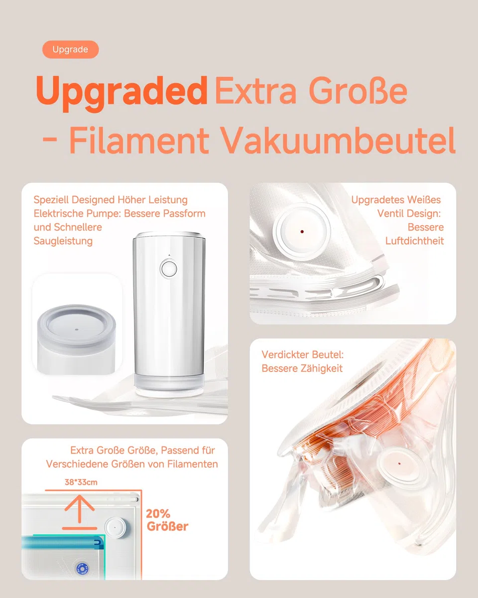 YOOPAI Vakuumbeutel-Kit für 3D-Drucker-Filament mit Automatischer Pumpe, 20 Extra Große Aufbewahrungs Beutel (38x33 cm) Kompatibel mit Bambu Lab 1.75mm Filament