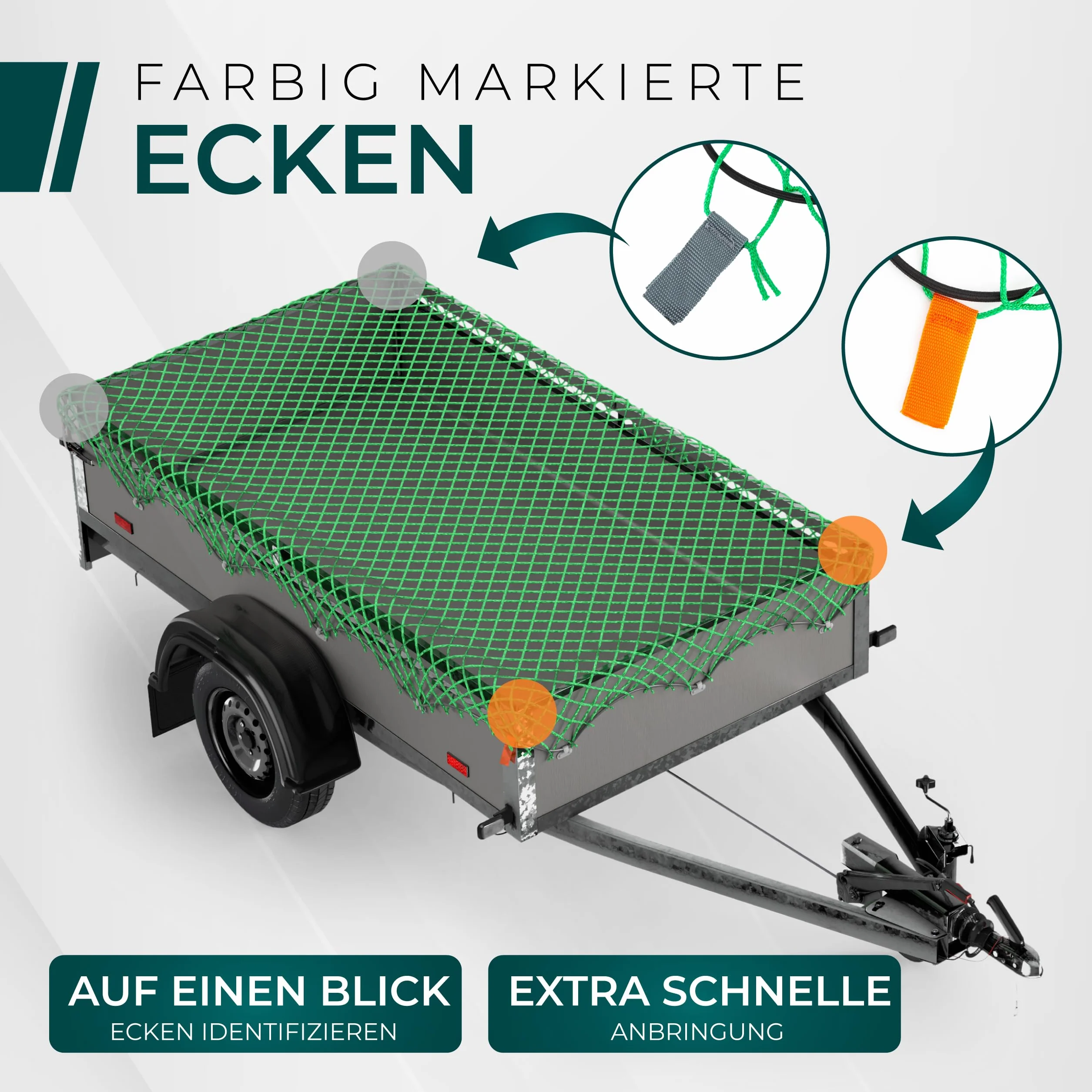 CargoVA Anhängernetz 2x3M [DEKRA Geprüft] - Ladungssicherungsnetz mit Gummiseil & Eckenmarkierung - Abdecknetz für Anhänger, Reißfest