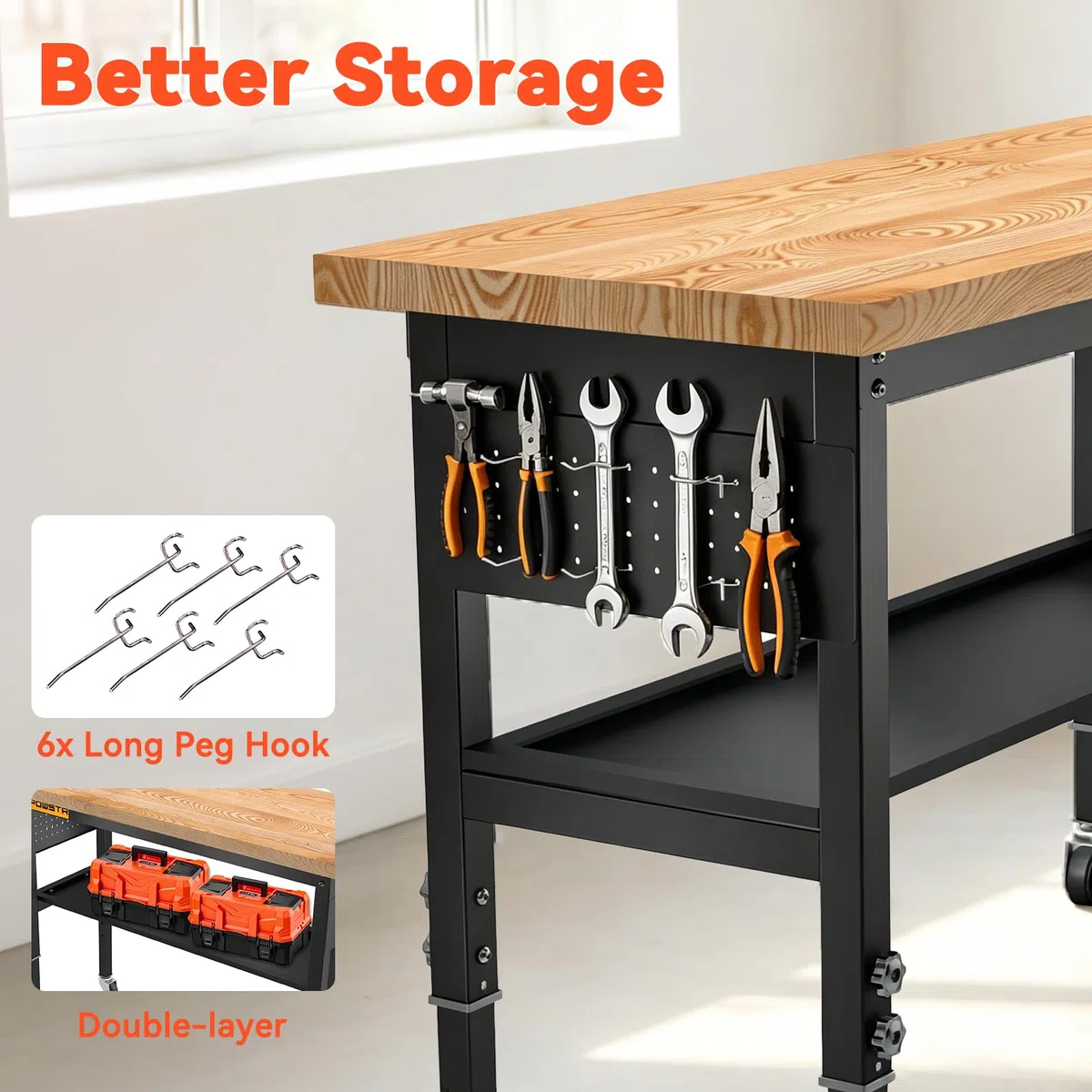 120cm Höhenverstellbare mobile Werkbank aus Gummibaumholz, 900 kg Tragfähigkeit, zweistufig mit schwenkbaren Rollen, Lochwand und 6 Haken, als Arbeitstisch für Garage, Werkstatt, Büro, Haus & Gewerbe