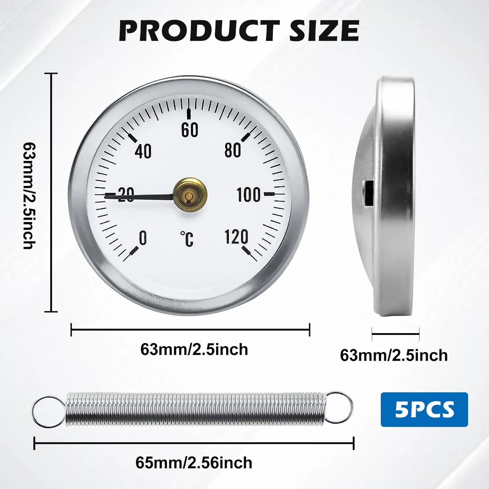 5 Stück Anlegethermometer Heizungsrohr, Rohrthermometer, Temperaturanzeige Mit Clip-On Feder, Mit Aufsteckfeder 63mm Heißes Wasser Rohr Thermometer Zeigerthermometer Für Rohre 0-120℃
