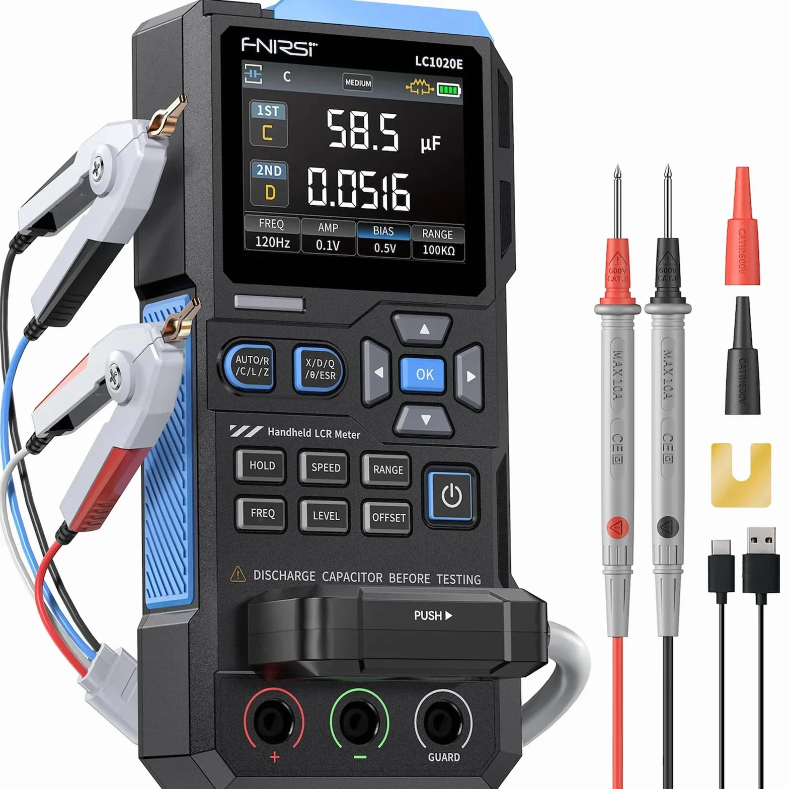 FNIRSI LC1020E 100kHz LCR-Meter, 19999 Counts Widerstands-Induktivitäts-Kondensatortester, Auto Bauteilerkennung, Misst ESR/Q/D/θ/X, Doppelparameteranzeige, Sortierung & offen/Kurzschlusskalibrierung