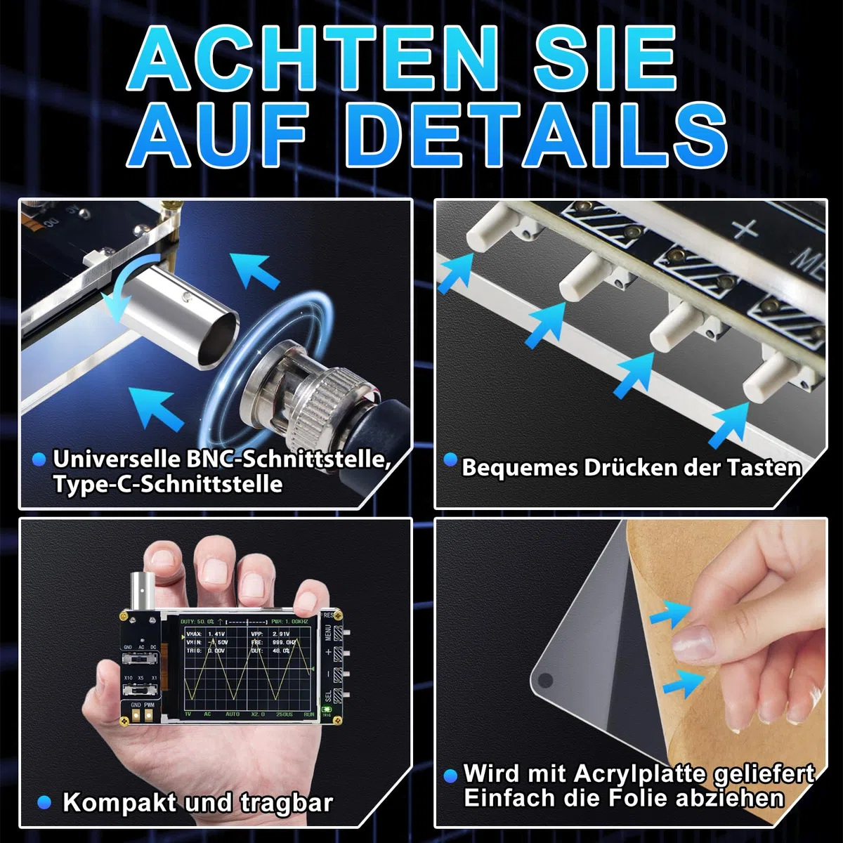 Treedix Handheld Digitales Mini-Oszilloskop-Kit mit 2,4'' LCD-Bildschirm, 3 Trigger-Modi, 24MSa/s hoher Abtastrate, 200 kHz Bandbreite, X10/X5/X1 Empfindlichkeit, GND/AC/DC Kopplungsmethode