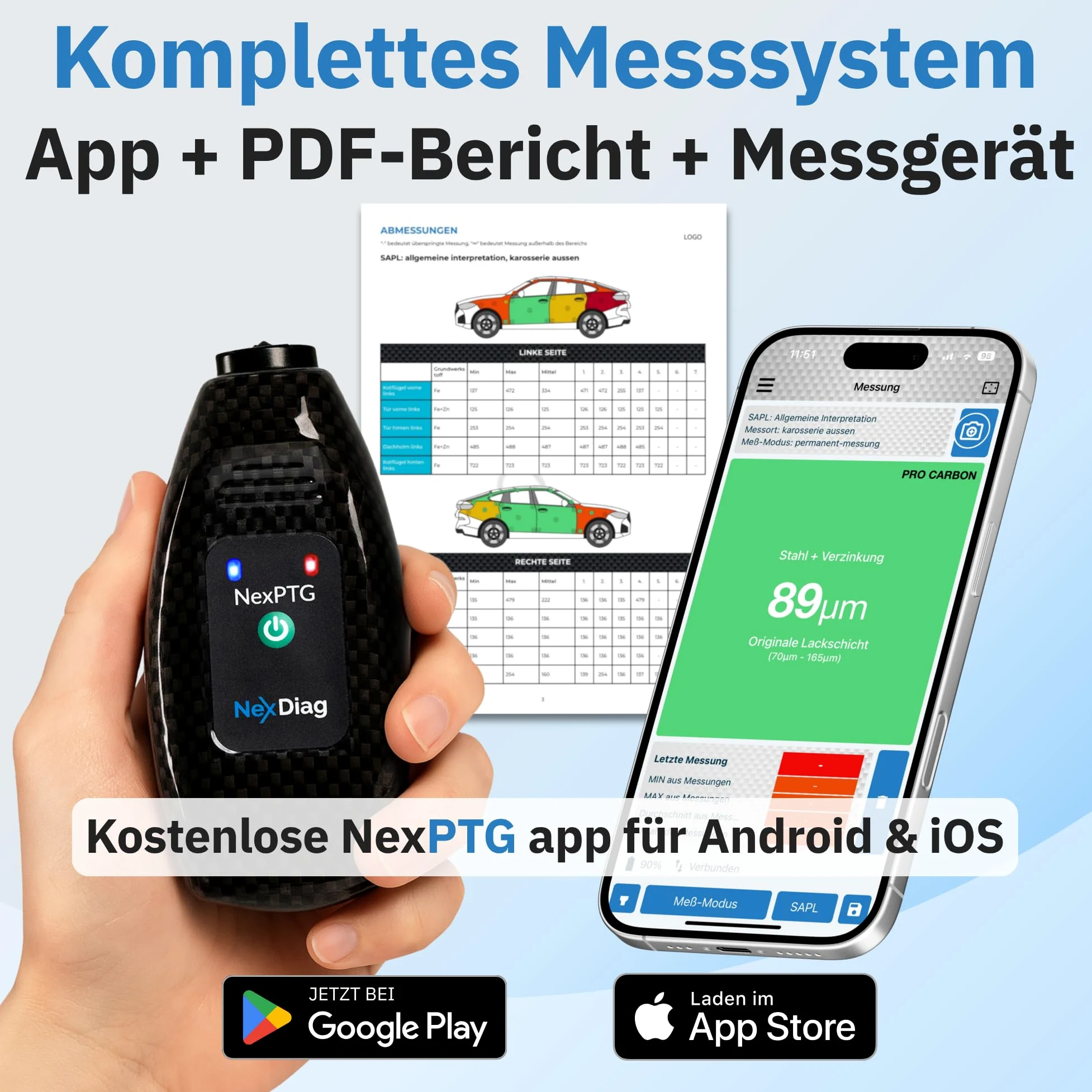 NexPTG Advanced Lackmessgerät Auto 2200 μm Lackschichtdickenmessgerät kfz Lackdickenmessgerät Schichtdickenmessgerät Lacktiefenmessgerät für Schichtdicken, kabellos, für Autolackdicken