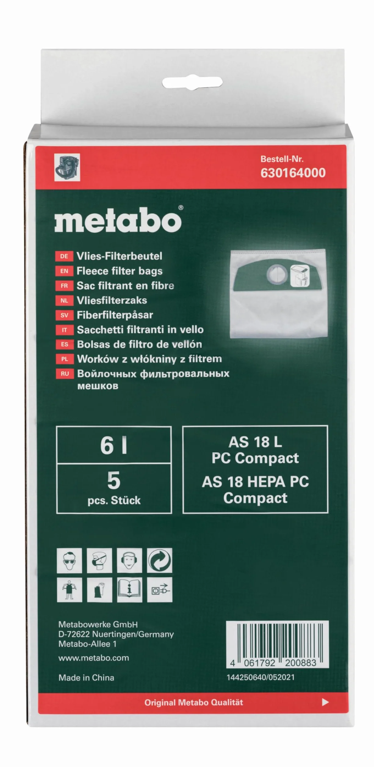 metabo Vlies-Filterbeutel 5er-Set, 6l Staubsaugerbeutel für AS 18 L PC | Passgenau für Feinstaub, Holzbearbeitung und Schleifarbeiten, robuste Vliesqualität zur Filterung kleiner Staubmengen