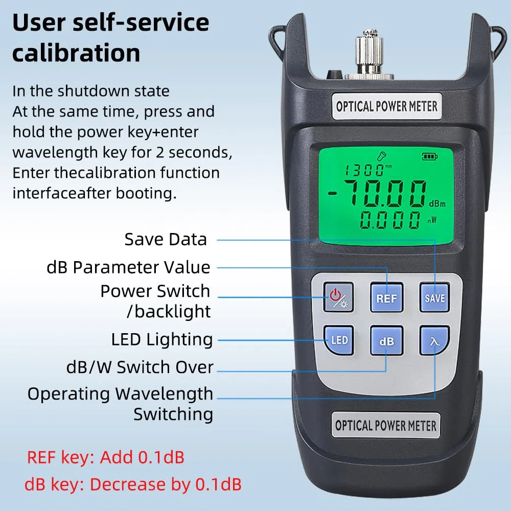 Glasfaser-Leistungsmesser, hochpräziser Glasfaserkabeltester -70 dBm ~ + 10 dBm mit LED-Licht, optischer Leistungsmesser OPM mit 10 Wellenlängenspeicher (Grau)