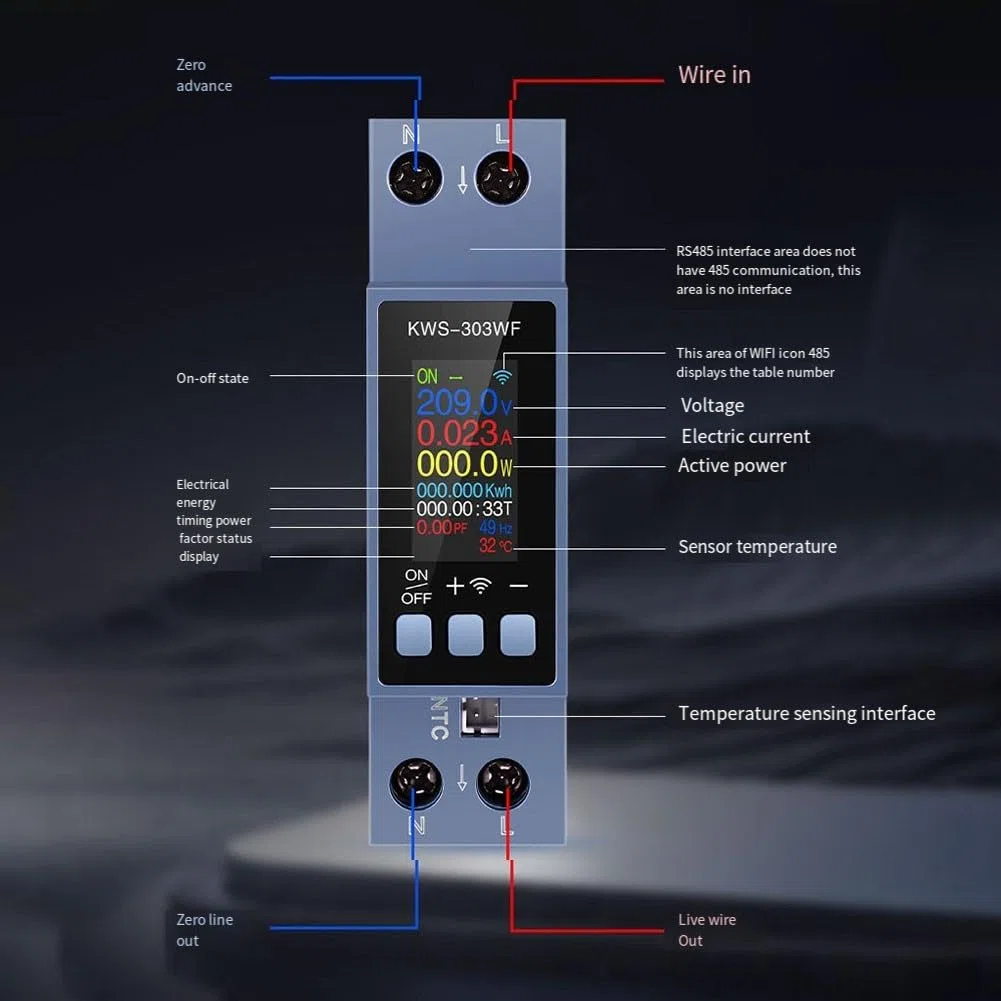 KWS-303WF WLAN DIN Hutschienen Stromzähler 40A, Multifunktionaler Spannungs- Und Strommesser Mit HD Farbdisplay, Fernsteuerung Per App, Energieverbrauchsanzeige, Überlastschutz