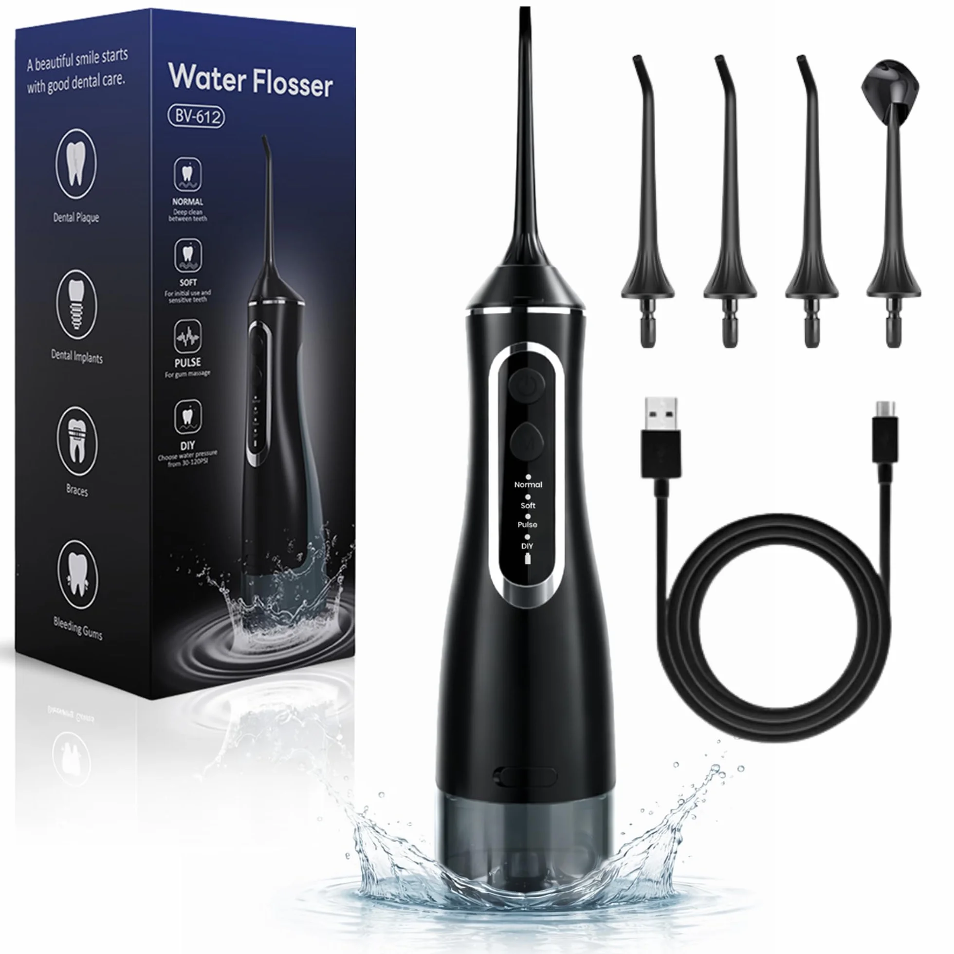 BeFit24 Elektrische Tragbare Munddusche 320 ml Water Flosser Kabellos IPX8 | Munddusche Waterflosser Tragbarer Dental Irrigator 4 Modi 120PSI 1400–1800/min | 1400mAh Batterie USB Wiederaufladbar