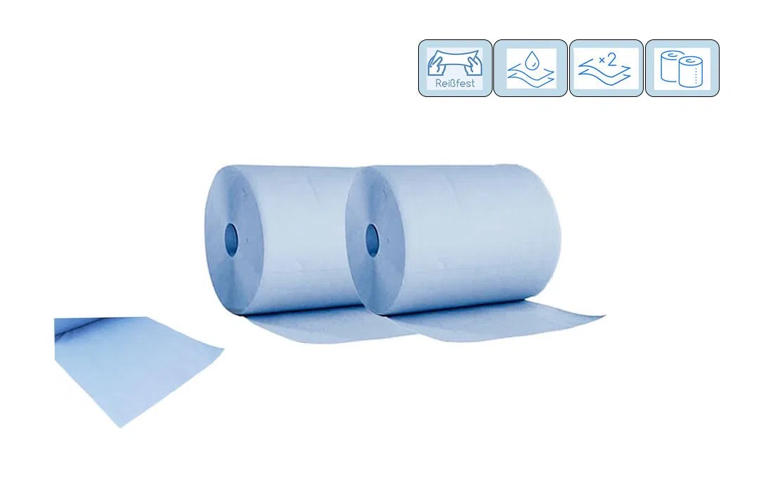 Putzrollen Blau 2-lagig – 2 Rollen à 500 Blatt (1000 Blatt), 36 x 36,5 cm, Industrie Papierwischtücher, saugstark & reißfest, Werkstatt & Gastronomie