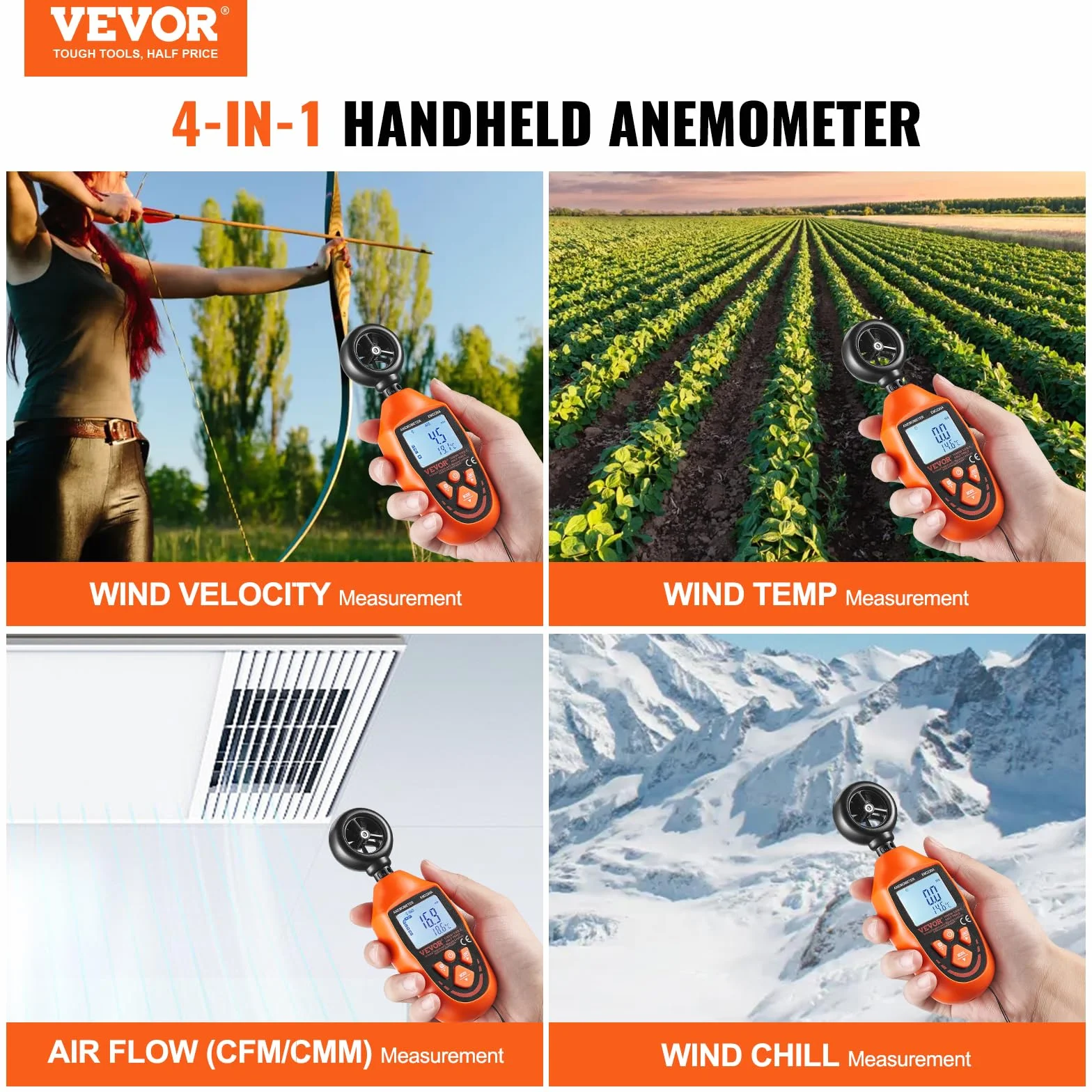 VEVOR Anemometer 69,35MPH Luftgeschwindigkeitsmesser 163x54x32mm Windmesser IP44 Windmessgerät Windstärkemesser MAX/MIN/AVG/CU-Windgeschwindigkeitsdaten -10-45℃ Luftmesser Geschwindigkeitsmessgerät