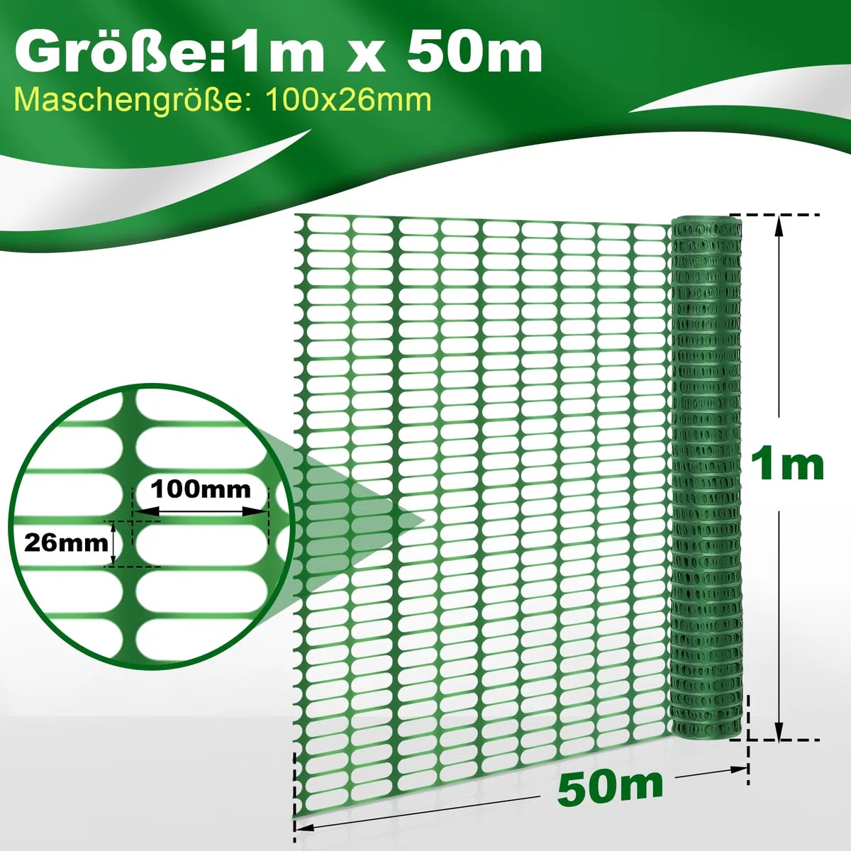 Eulenke 50m Absperrzaun, Höhe 100cm, Mobiler Begrenzungszaun, Schutznetz aus Kunststoff, Sicherheitsnetz, Fangzaun, vielseitig einsetzbares Zaun Netz(Grün,1 Rolle 50M)