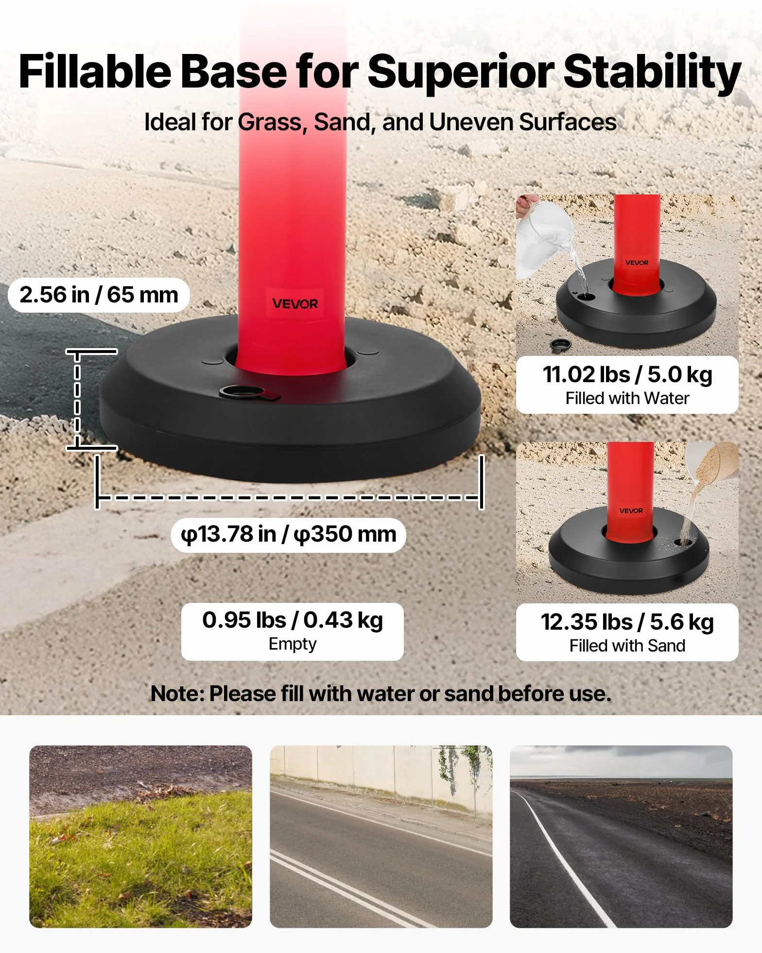 VEVOR Verkehrsleitpfosten Leitpfosten 6 Stk. (114 cm) mit befüllbarem Sockel & Reflektorstreifen, Warnpfosten für Baustellen, Parkplätze, Absperrpfosten zur Steuerung von Menschenmengen, rot