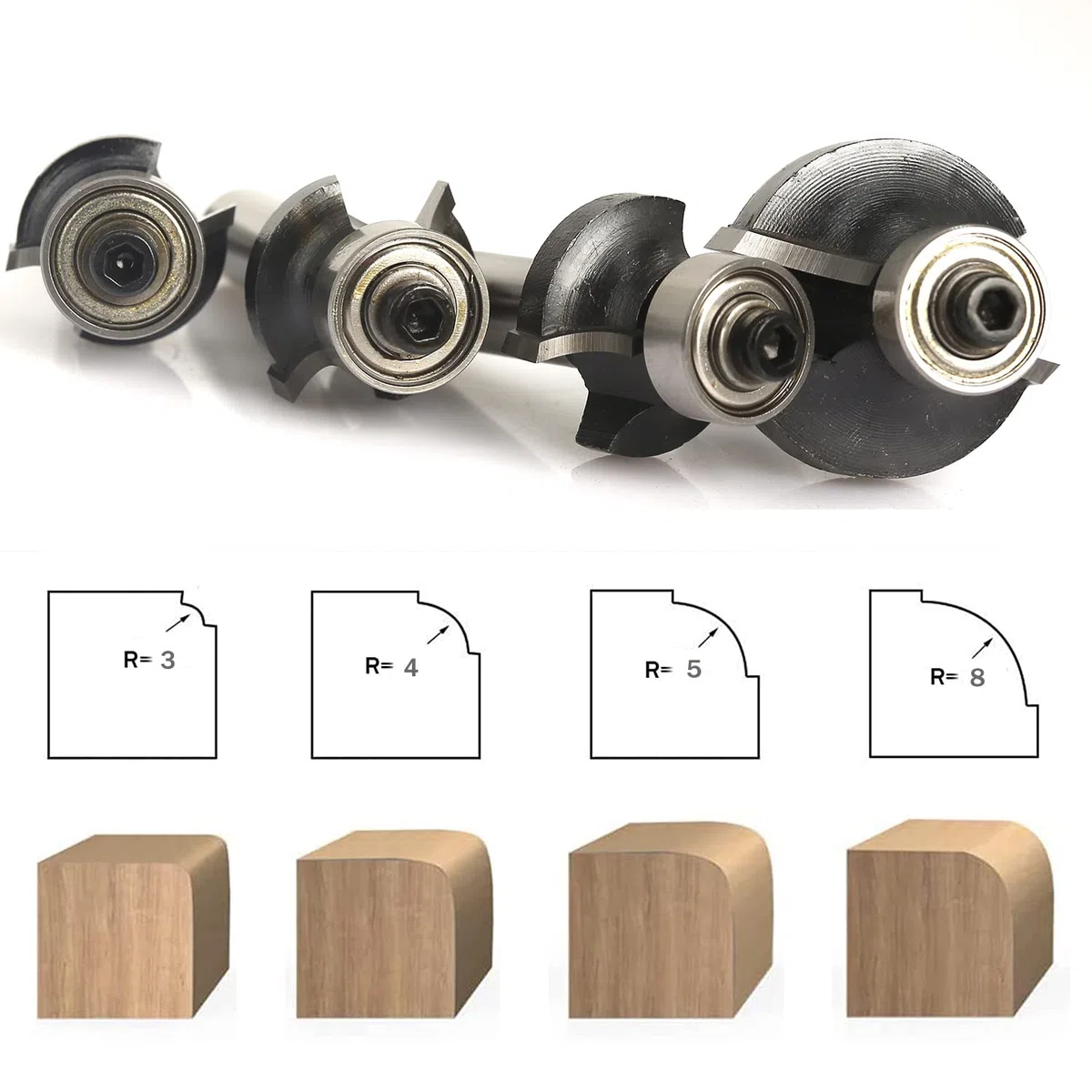 4 Stück Abrundfräsar, 8mm Schaft Rundfräser Standard Radiusfräsar Set, mit Kugelleger, Abrundfreser für Kantenfräse /Frästisch
