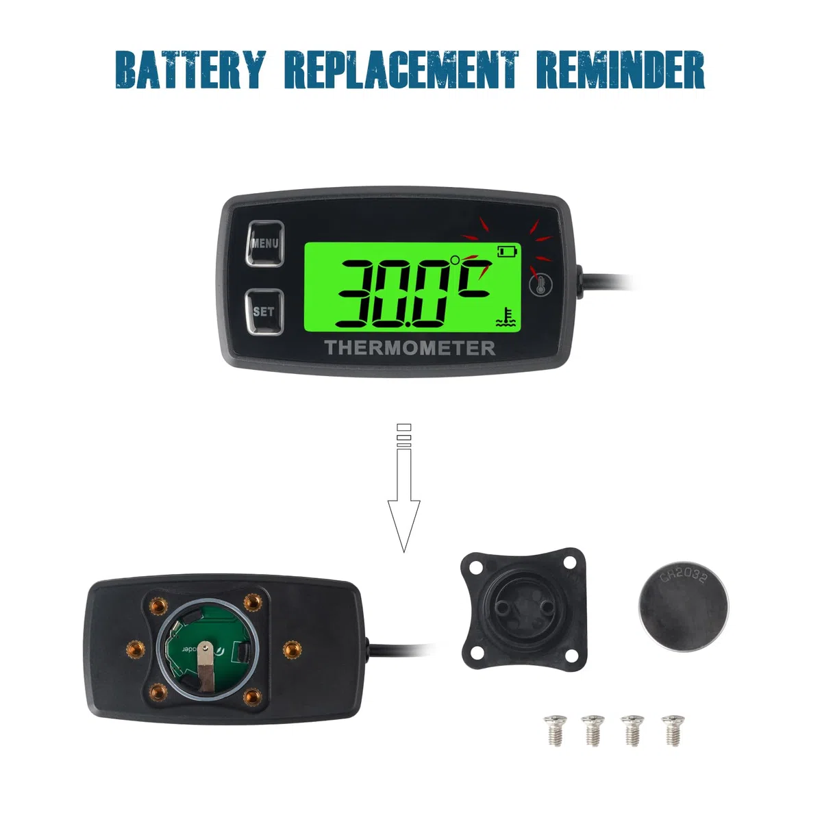 Runleader Digital LCD Motortemperaturanzeige, Übertemperaturwarnung, grüne Hintergrundbeleuchtung, Batterie austauschbar für Generator Motorrad Dirtbike ATV Außenborder Motor Marine Schneemobil