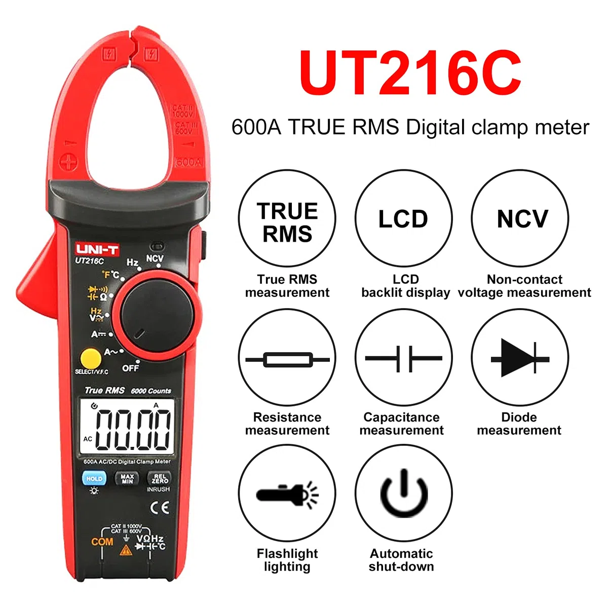 UT216C Digitale Strommesszange AC DC Strommessung Effektivwert Frequenz Kapazität Temperatur & NCV Tester
